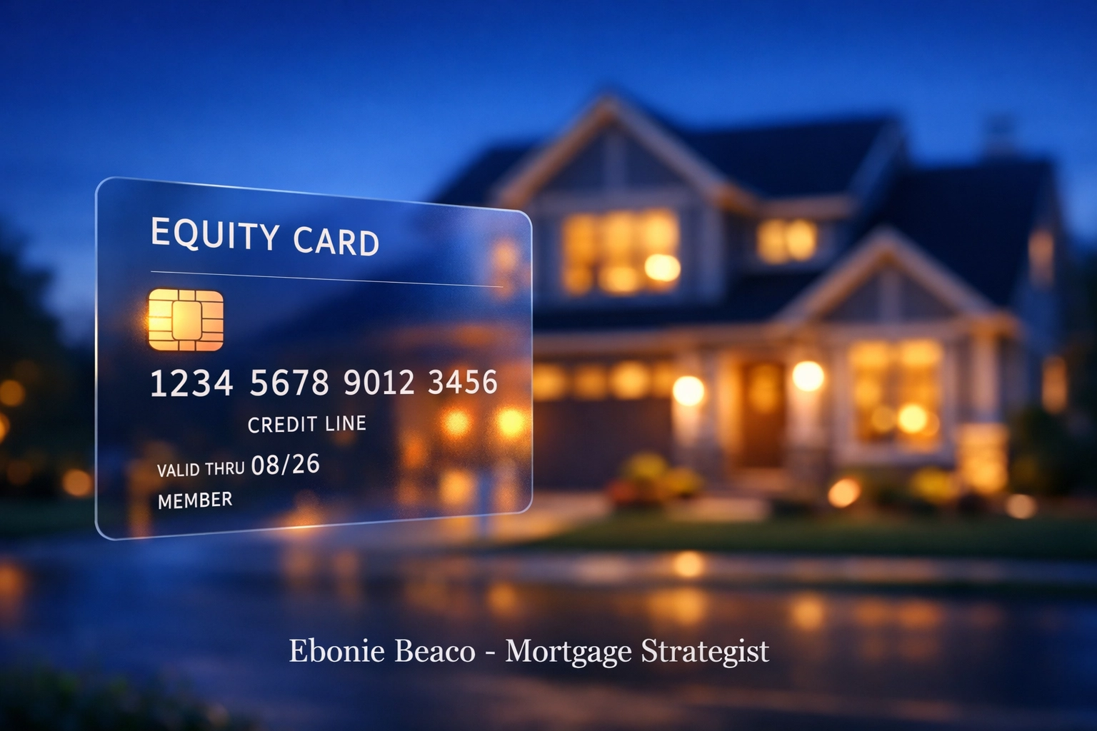 Digital home equity card in front of a suburban house, representing a Kentucky HELOC credit line.