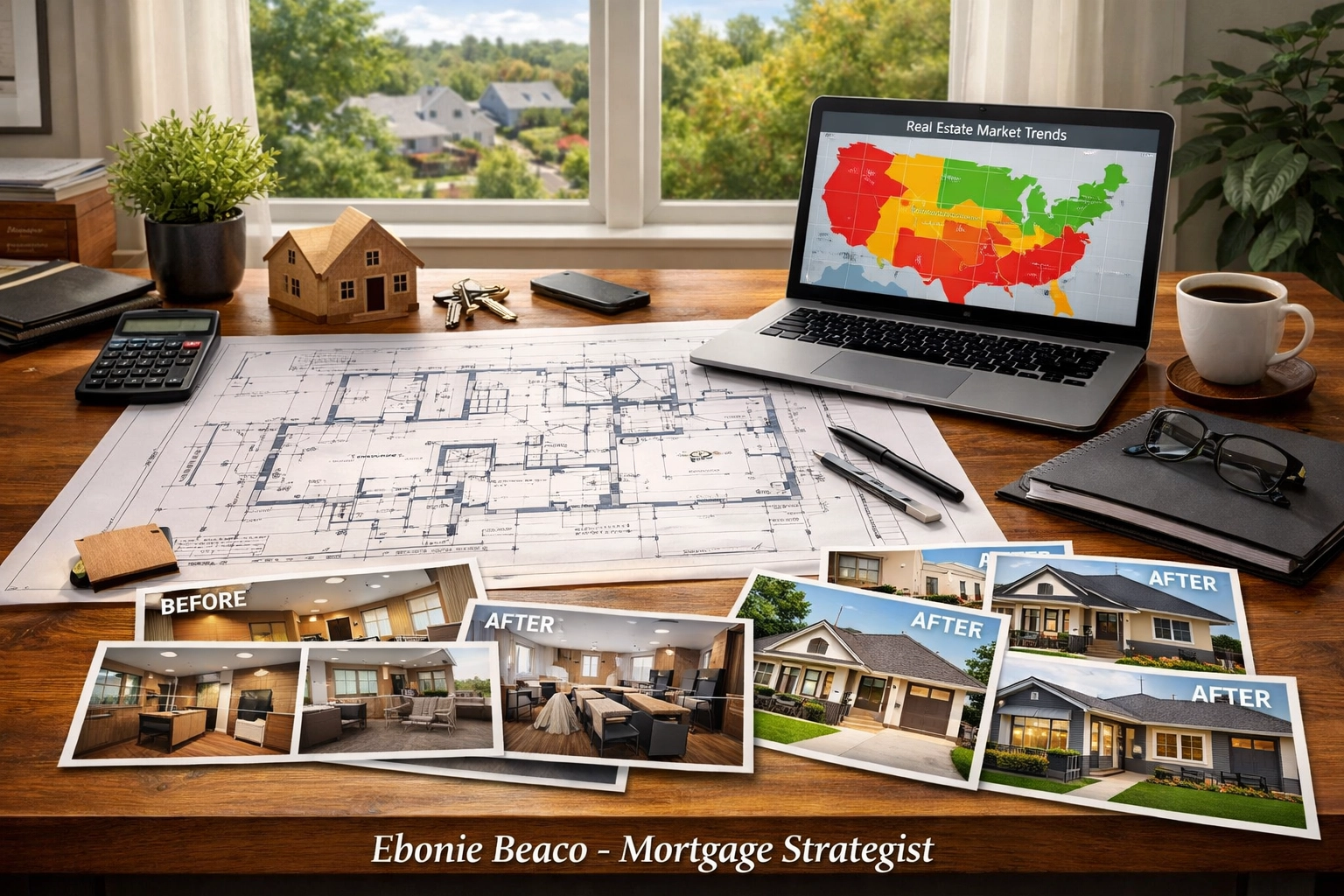 Real estate investor workspace with blueprints and renovation photos for home equity loan planning.