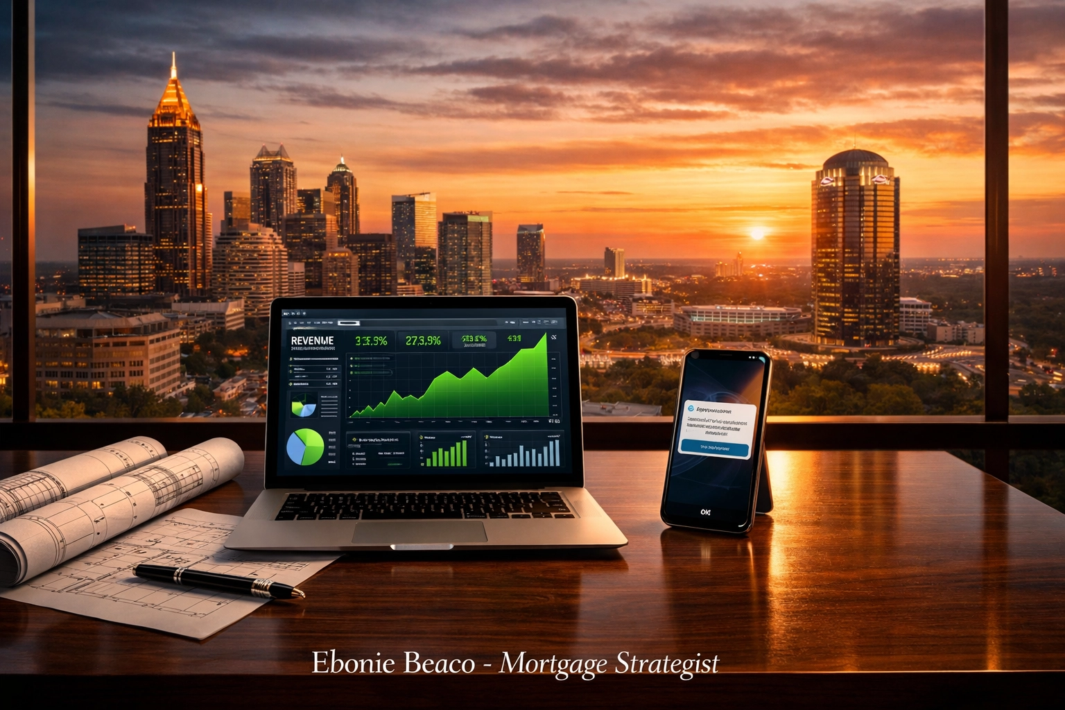 Modern Buckhead office desk overlooking Atlanta skyline showing real estate data analytics.