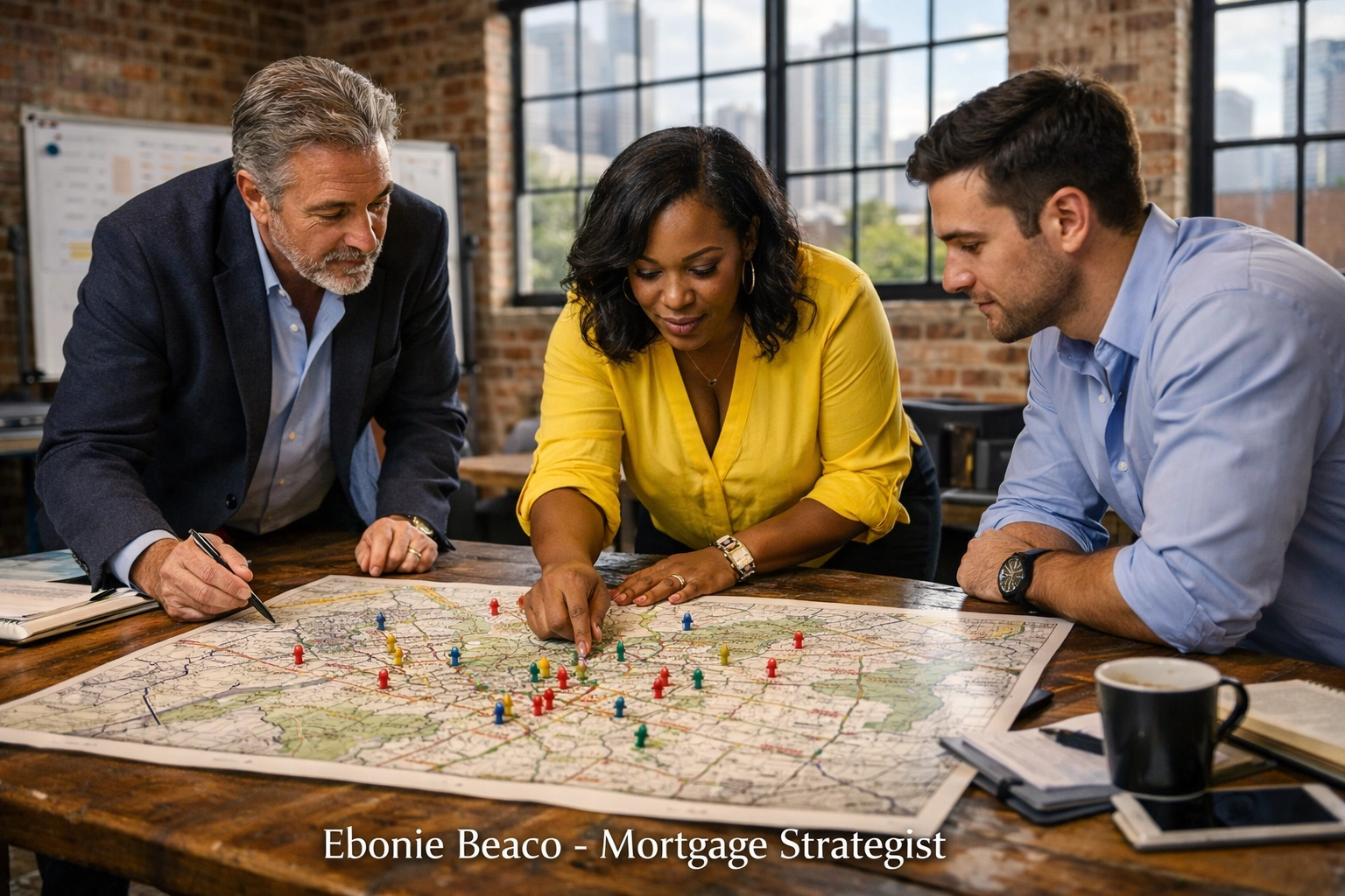 Real estate investment team in Atlanta loft office analyzing property map pins for wholesaling.
