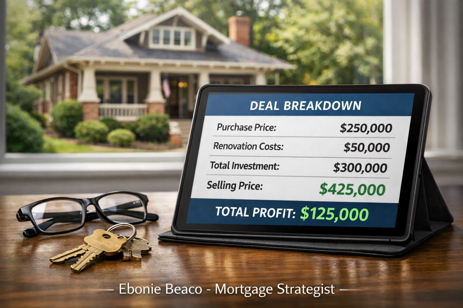Financial chart showing profit margins for an Atlanta investment property with bungalow view.