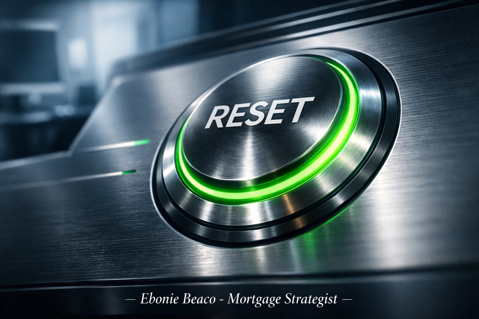 A glowing green reset button on a desk, symbolizing a Missouri HELOC reset for high interest credit card debt.