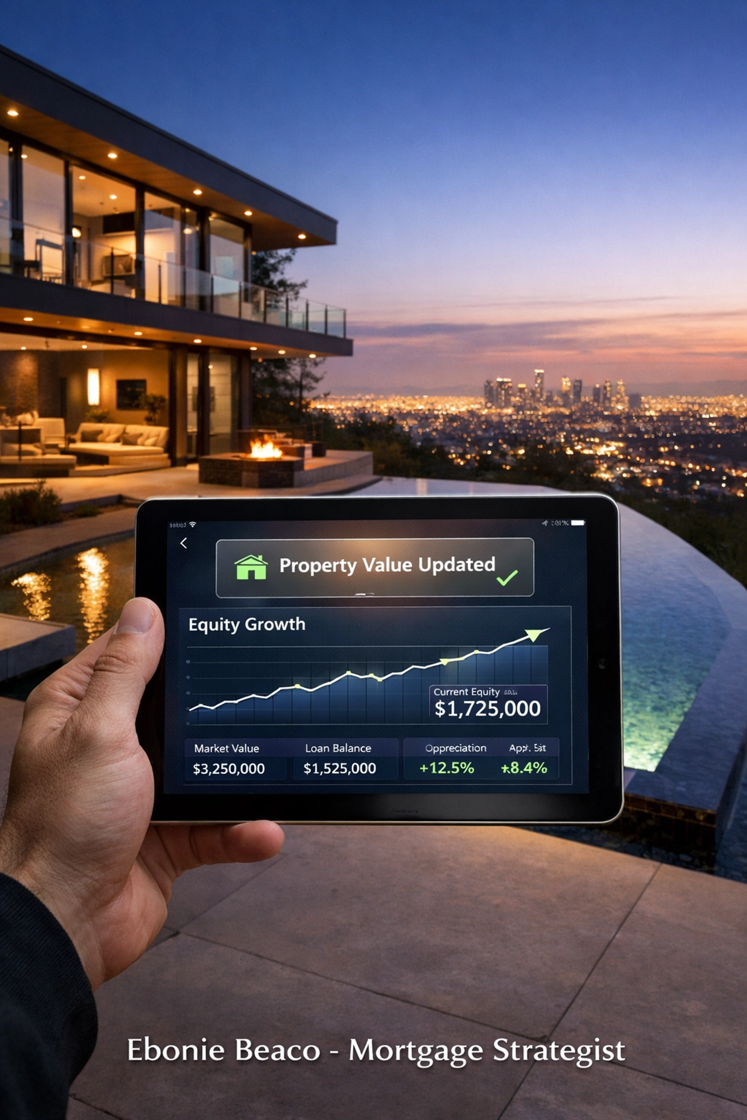 Tablet showing rising California home equity and updated property value for a fast digital HELOC process.