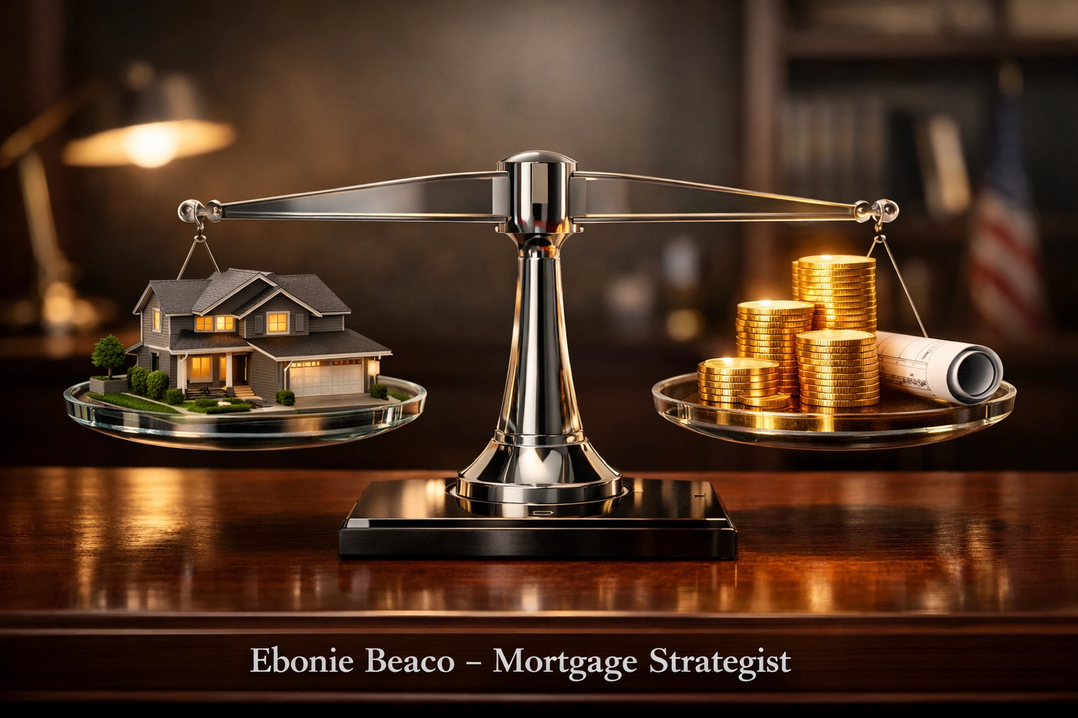 A scale balancing a suburban home model and gold coins illustrating HECM reverse mortgage equity and retirement funds.