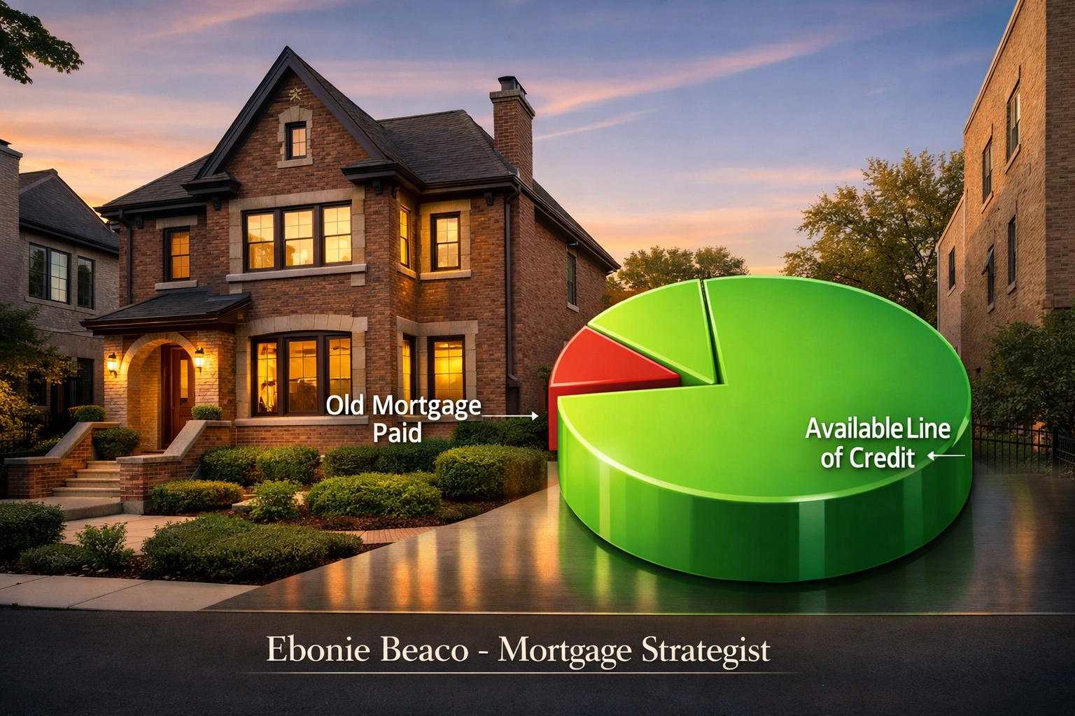 Infographic of a Chicago brick home showing a reverse mortgage paying off debt and creating a retirement line of credit.