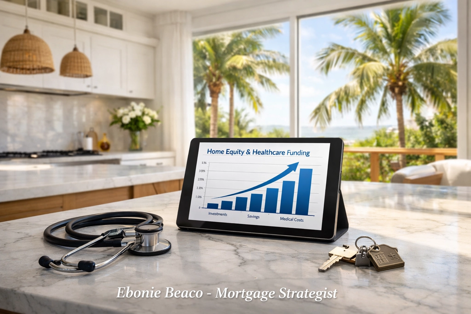 Modern Florida kitchen with a stethoscope and financial chart representing home equity used for medical expenses.