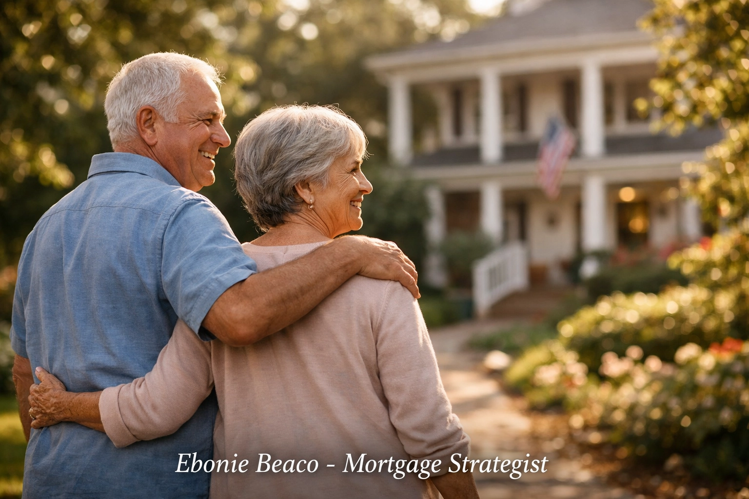 Senior couple walking in a garden reflecting the peace of mind found in using home equity for healthcare costs.