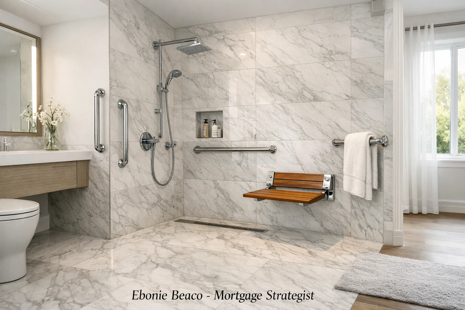 Modern accessible bathroom with a curbless marble shower and designer grab bars for aging in place safety.