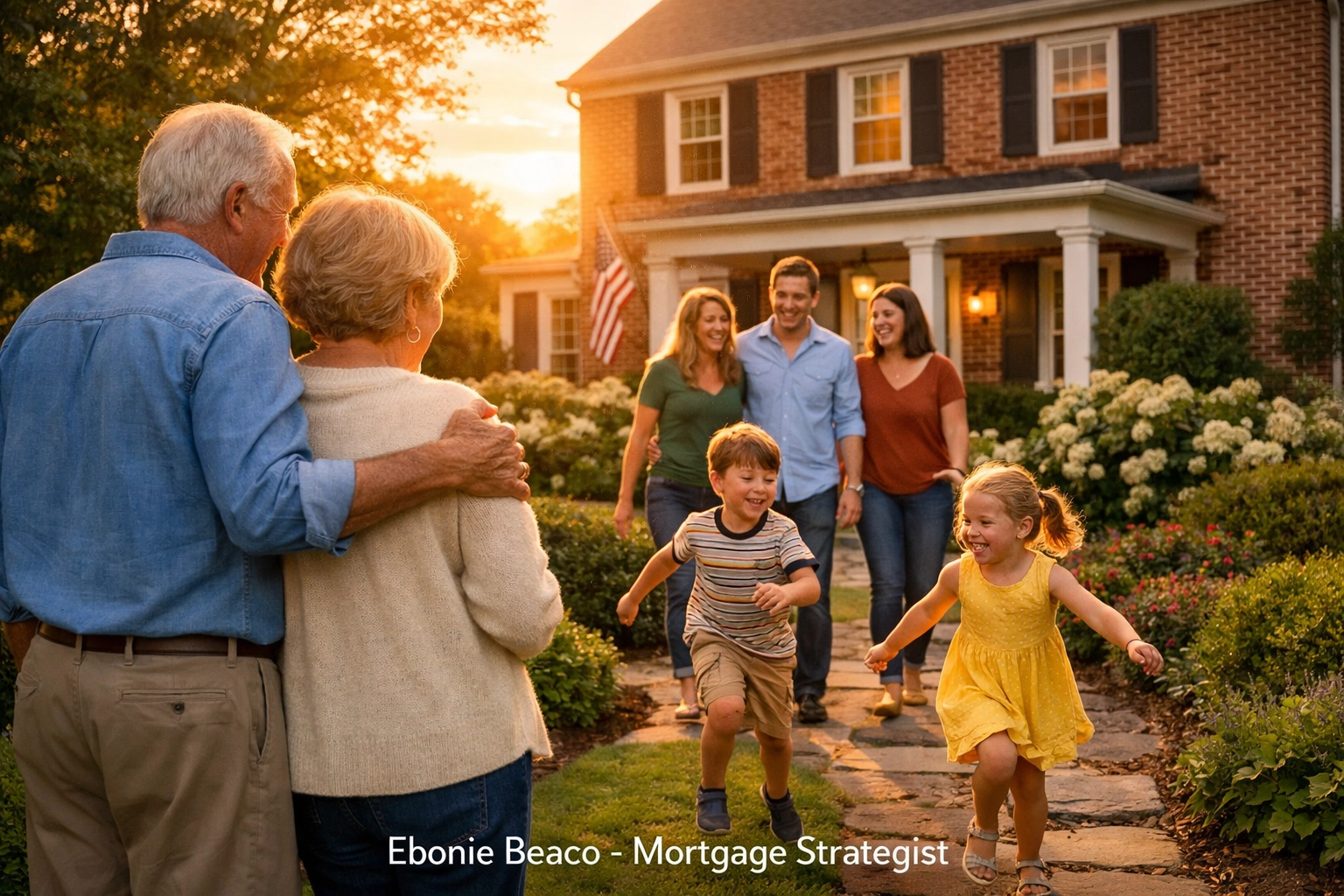 Multi-generational family in a Virginia garden showing homeownership preservation and estate security.