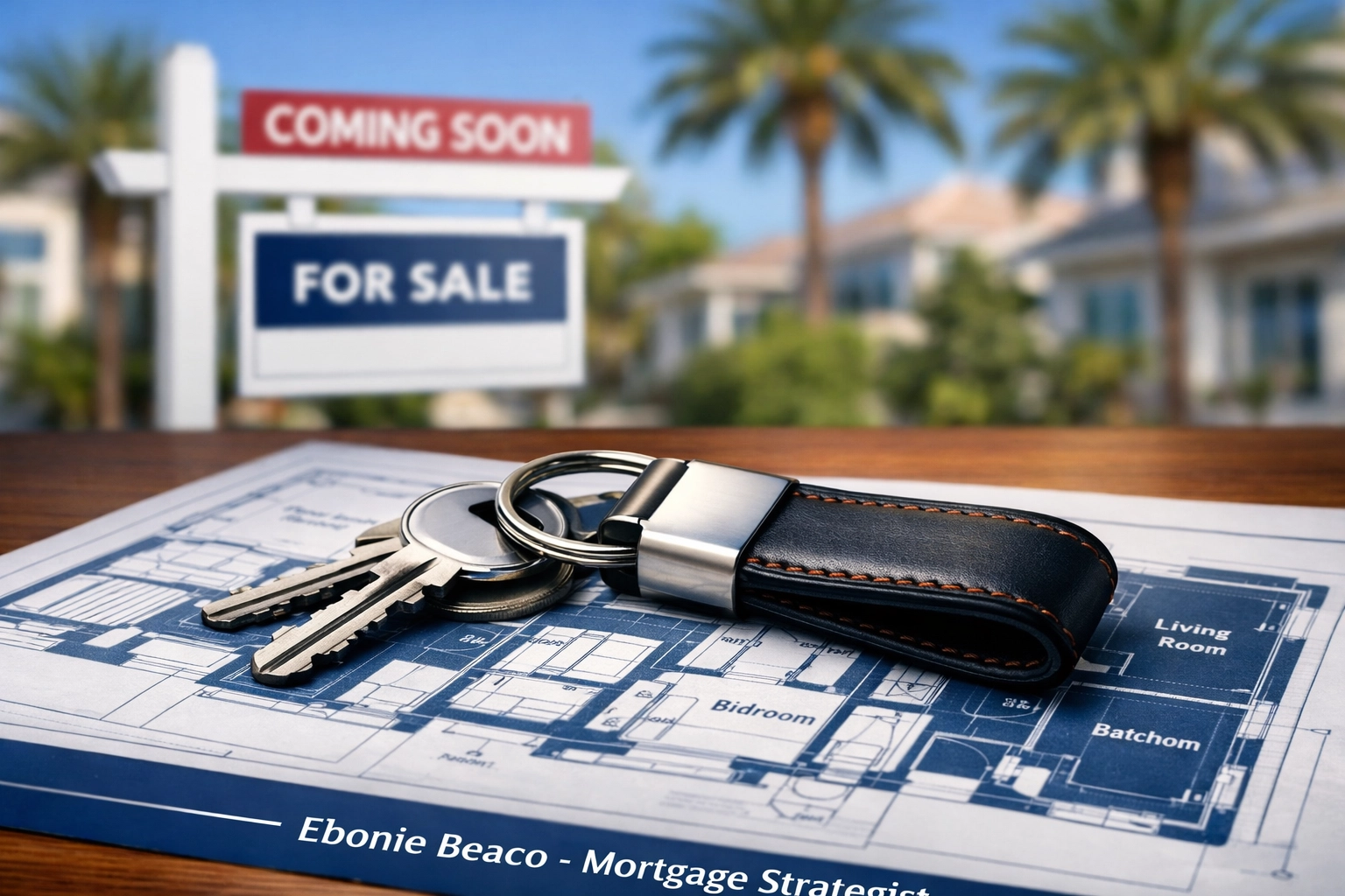 House keys on blueprints for a Florida investment property showing equity growth and real estate strategy.