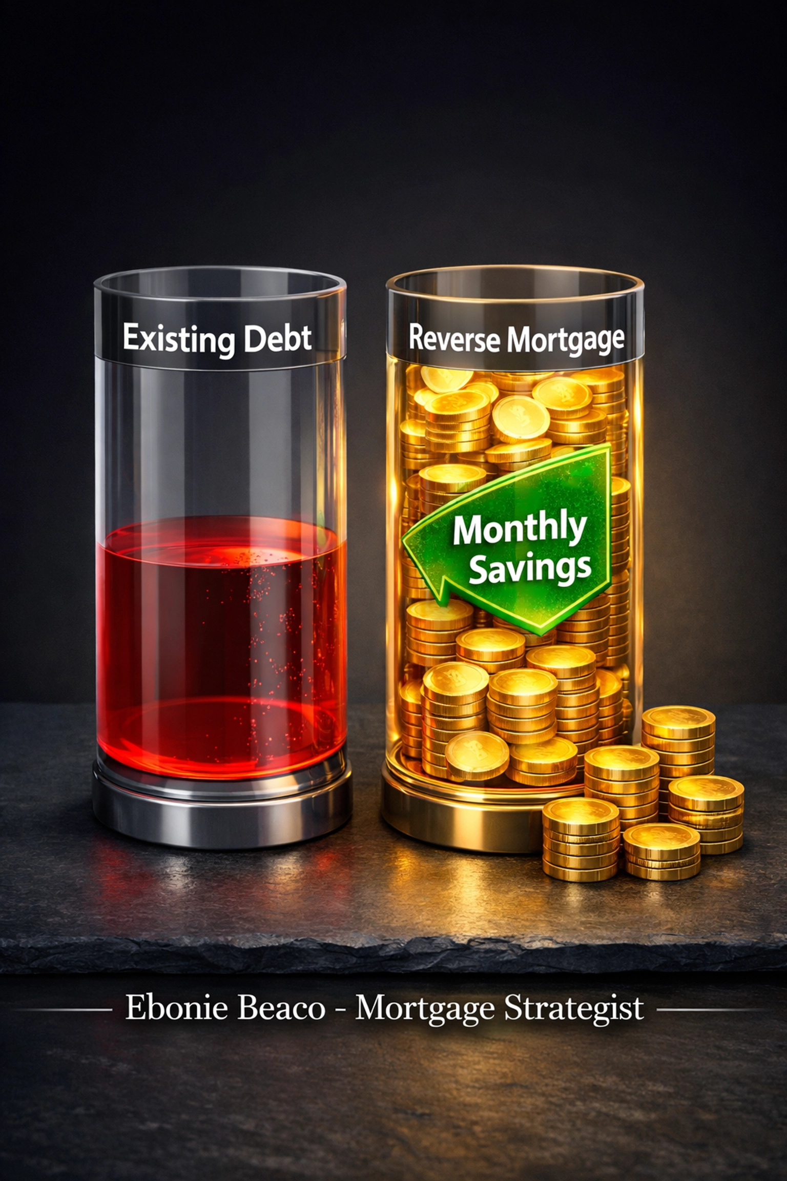 Financial chart comparing existing debt with the monthly savings and equity growth of a reverse mortgage.
