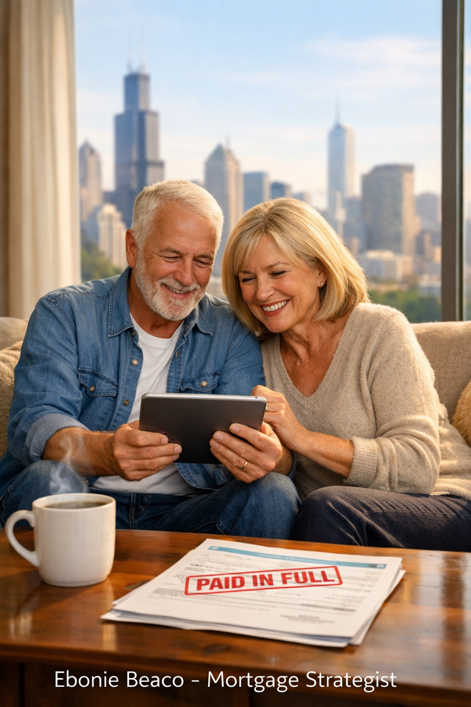 Happy couple in Chicago home enjoying financial freedom by eliminating monthly mortgage payments.