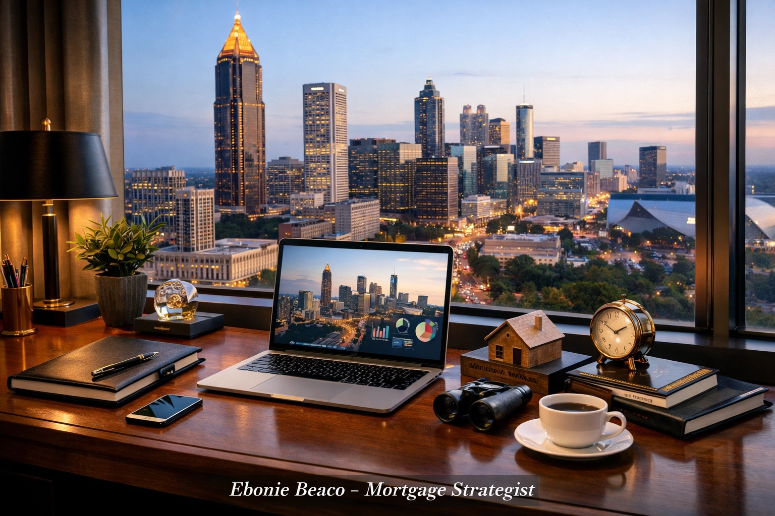 Modern home office with an Atlanta skyline view, representing strategic use of home equity for investors.