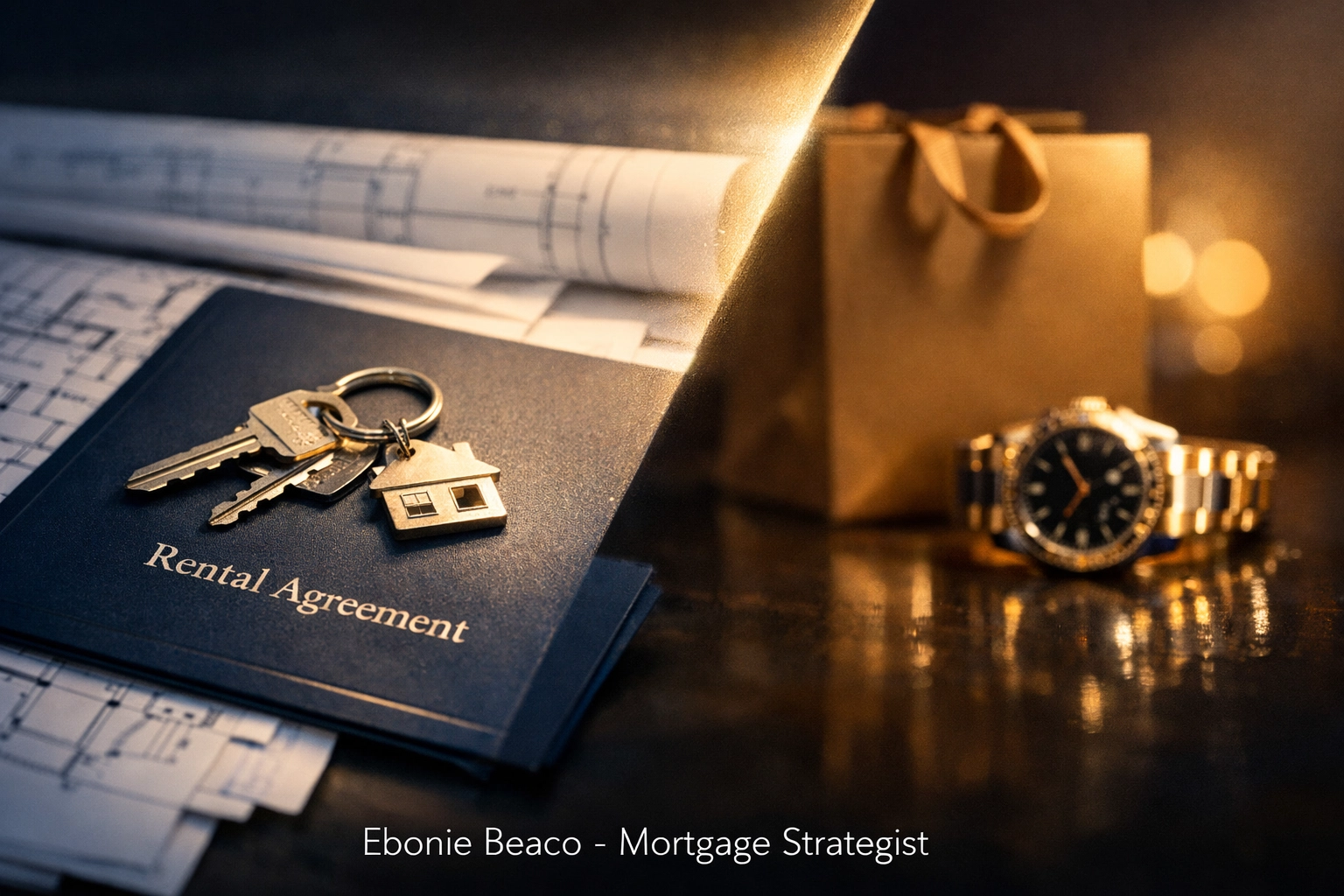 Keys on blueprints representing smart real estate investment debt versus high-end consumer spending.