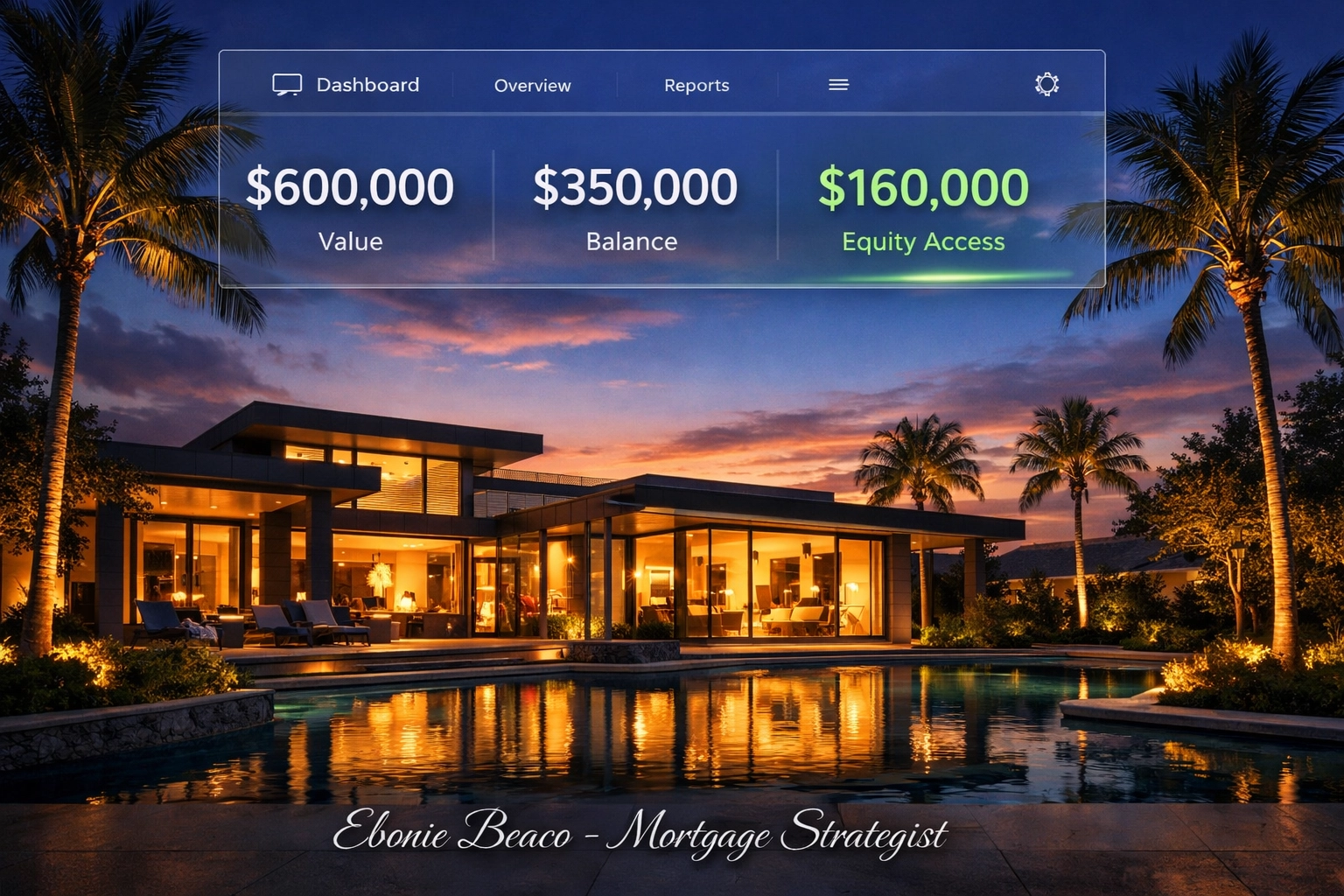 Real estate equity calculation showing available funds for property investment on a modern Florida home.