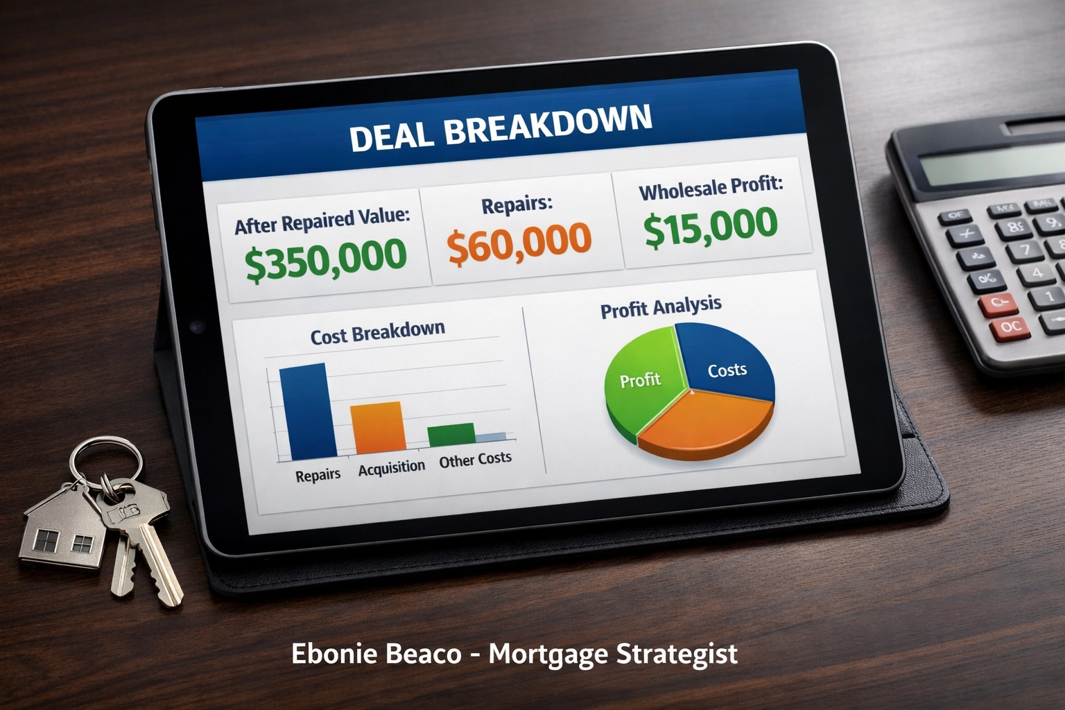 Real estate investment dashboard showing wholesale profit and repair cost calculations for a property deal.