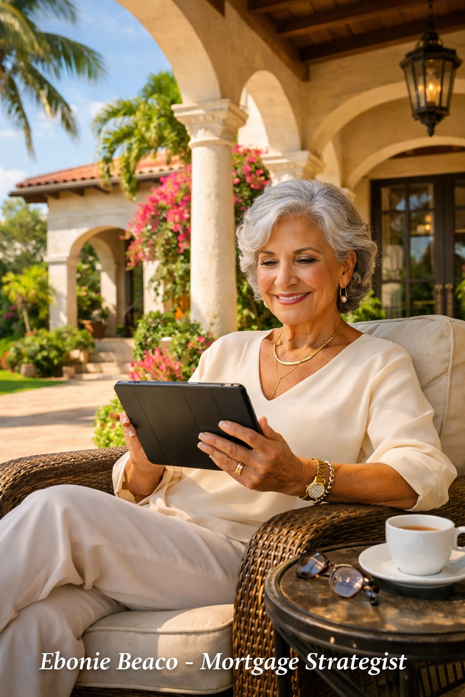 Senior homeowner in Florida reviewing her HECM reverse mortgage line of credit on a tablet.