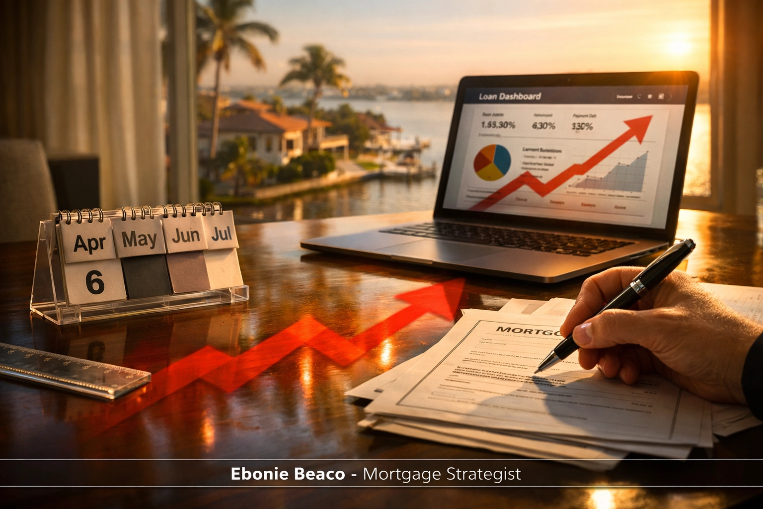 Homeowner reviewing Florida HELOC documents with a symbol representing rising interest rates.