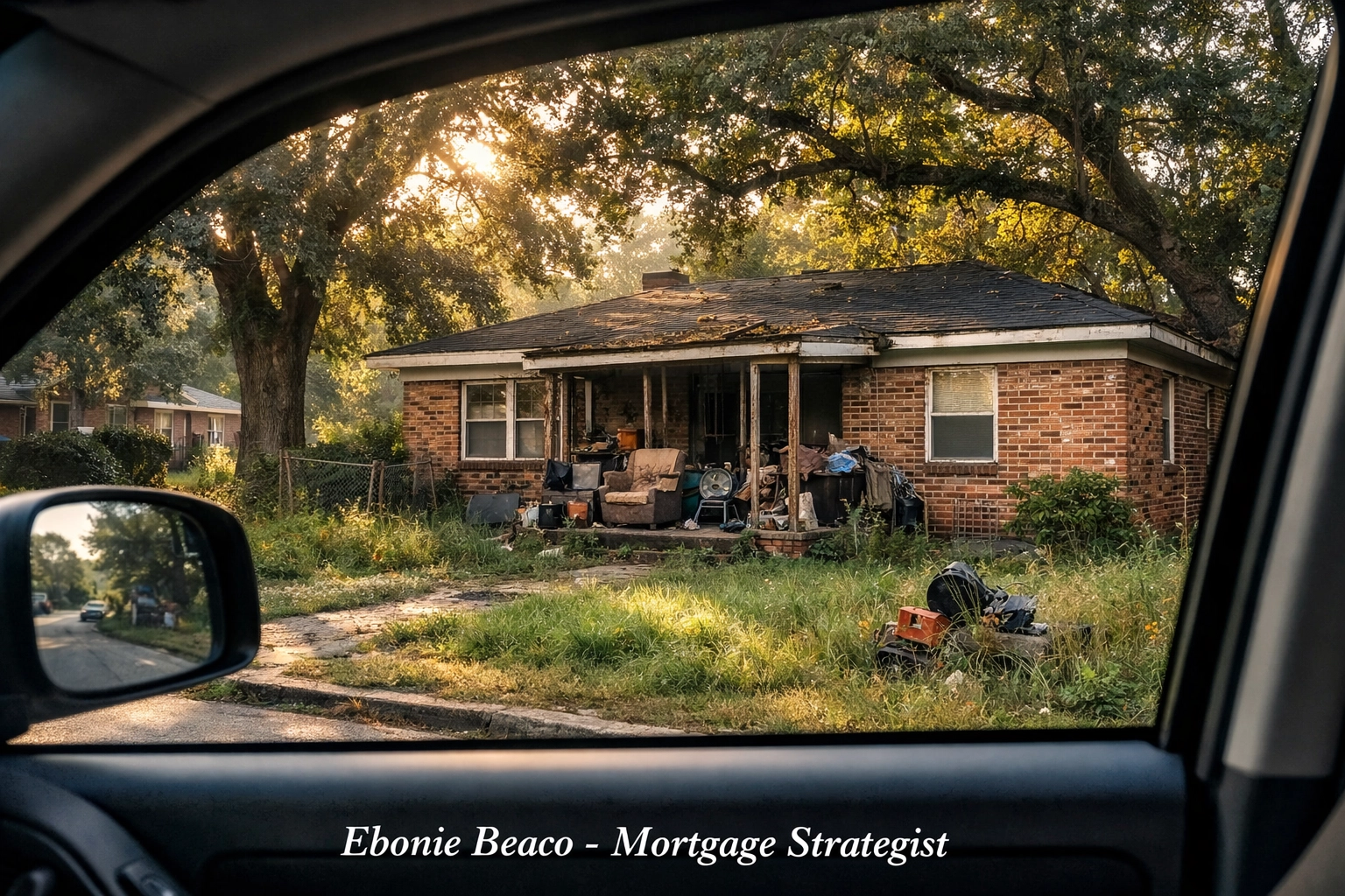 Distressed brick house in an Atlanta neighborhood used for driving for dollars real estate wholesaling.