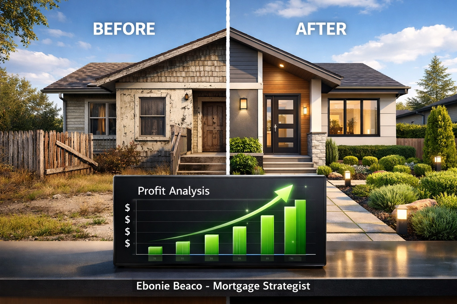 Before and after renovation comparison of an Atlanta home with a real estate investment profit chart.