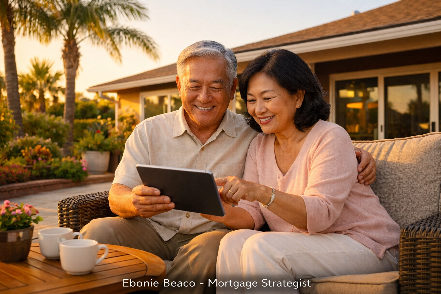 Senior homeowners reviewing reverse mortgage equity and principal limit on a tablet in California.