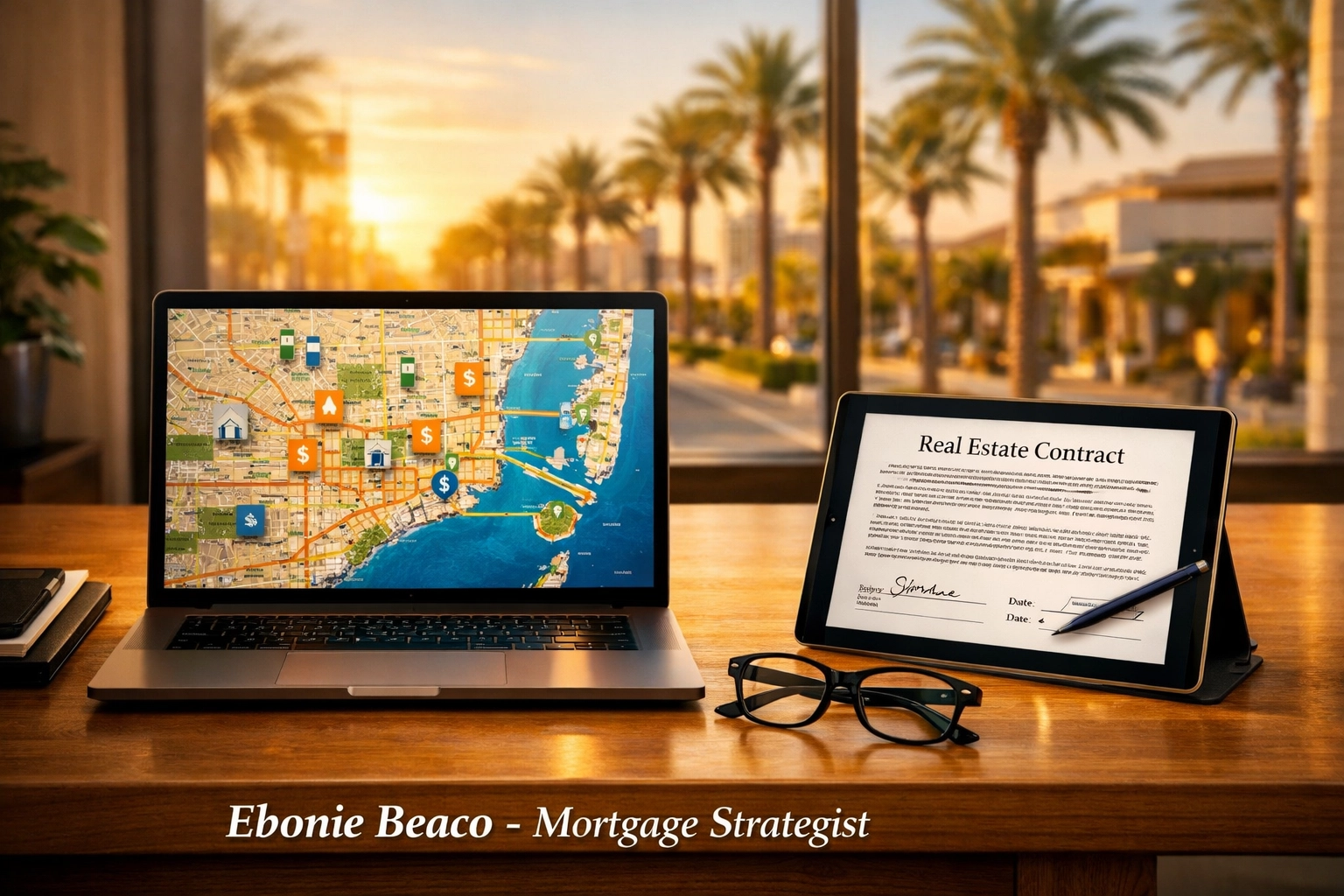 Real estate investor workspace with property maps and digital wholesale contracts for CA and FL logistics.