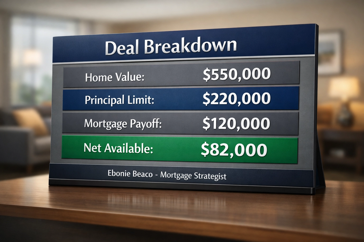 Financial chart displaying reverse mortgage calculations for home value and available equity.