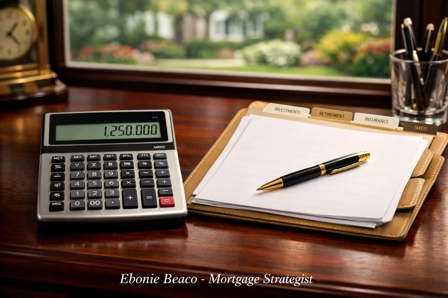 Financial assessment planning desk setup for reverse mortgage property taxes and insurance.