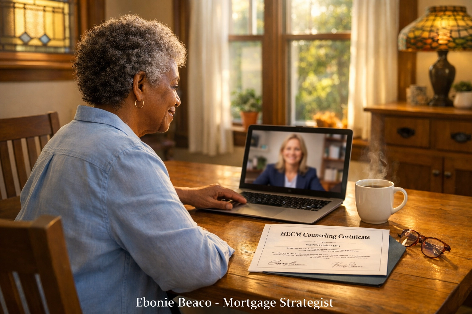 A homeowner in Chicago participating in a HUD-approved HECM counseling video session.