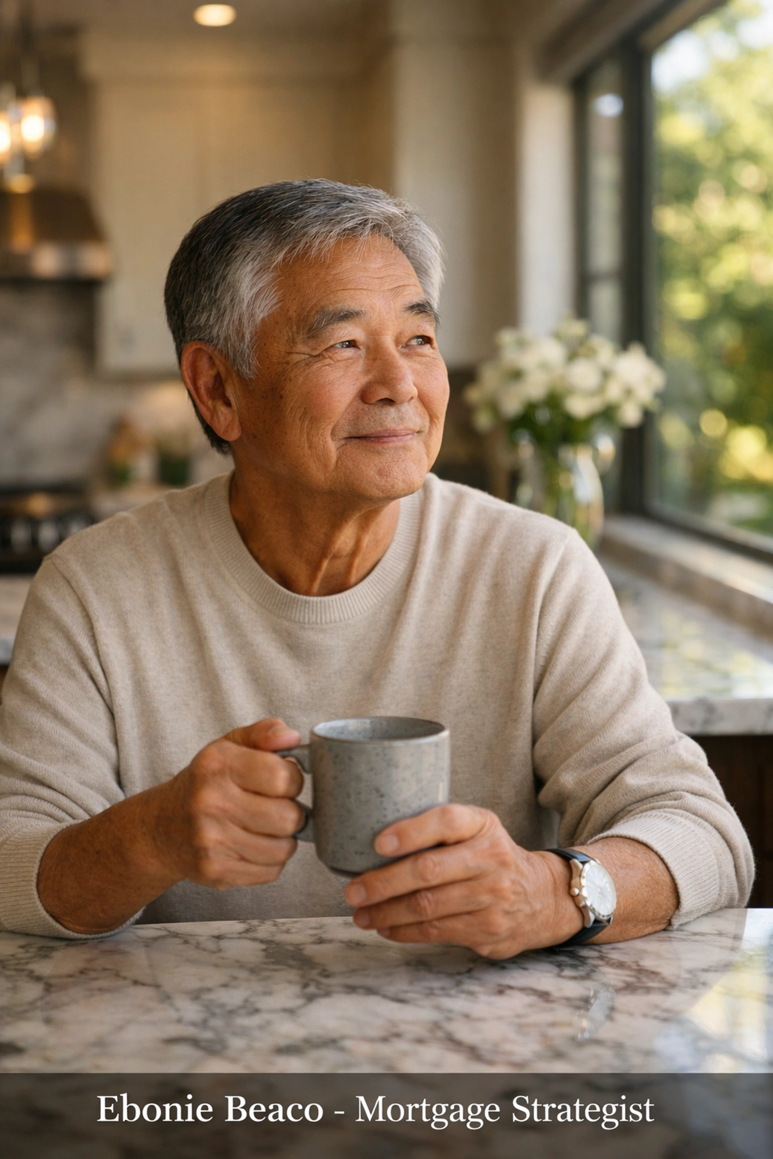 Senior Japanese-American homeowner sitting in a modern kitchen enjoying retirement security through home equity.