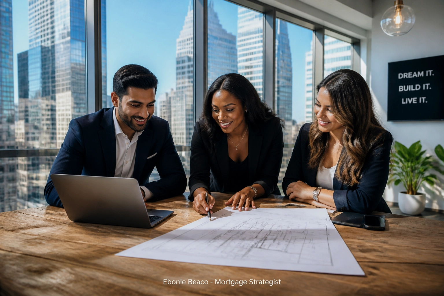 Real estate professionals in a Chicago office reviewing financing plans for a multi-unit property.