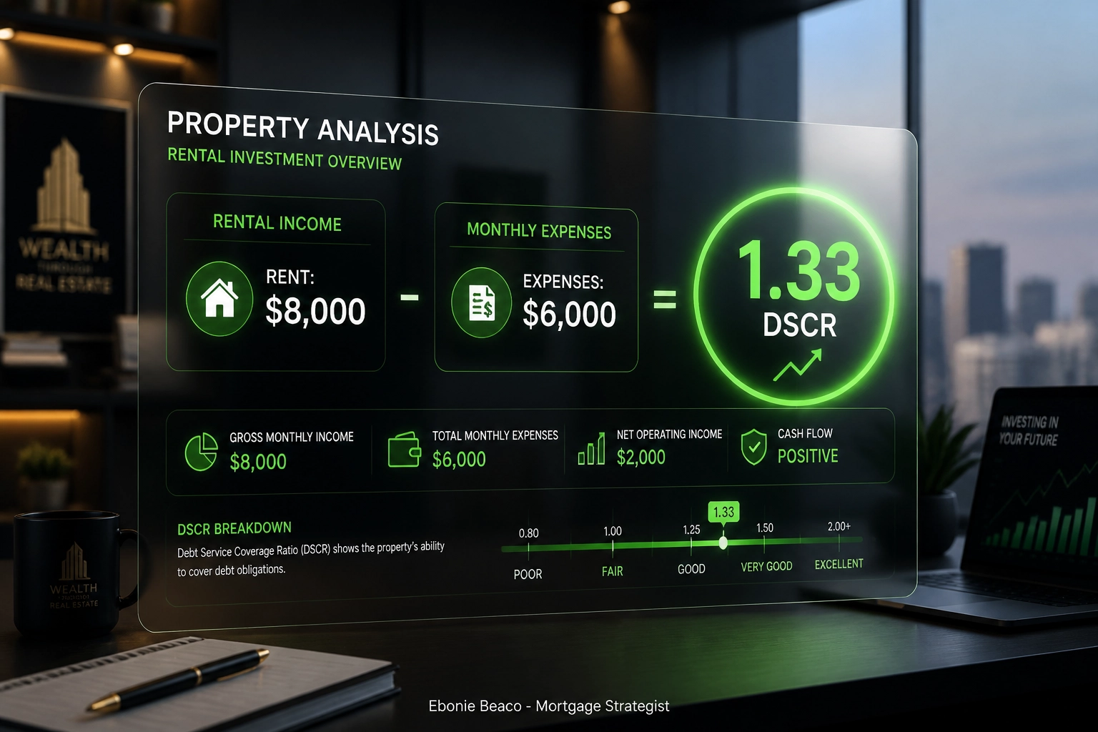 Financial graphic illustrating a 1.33 DSCR calculation for a Chicago investment property loan.