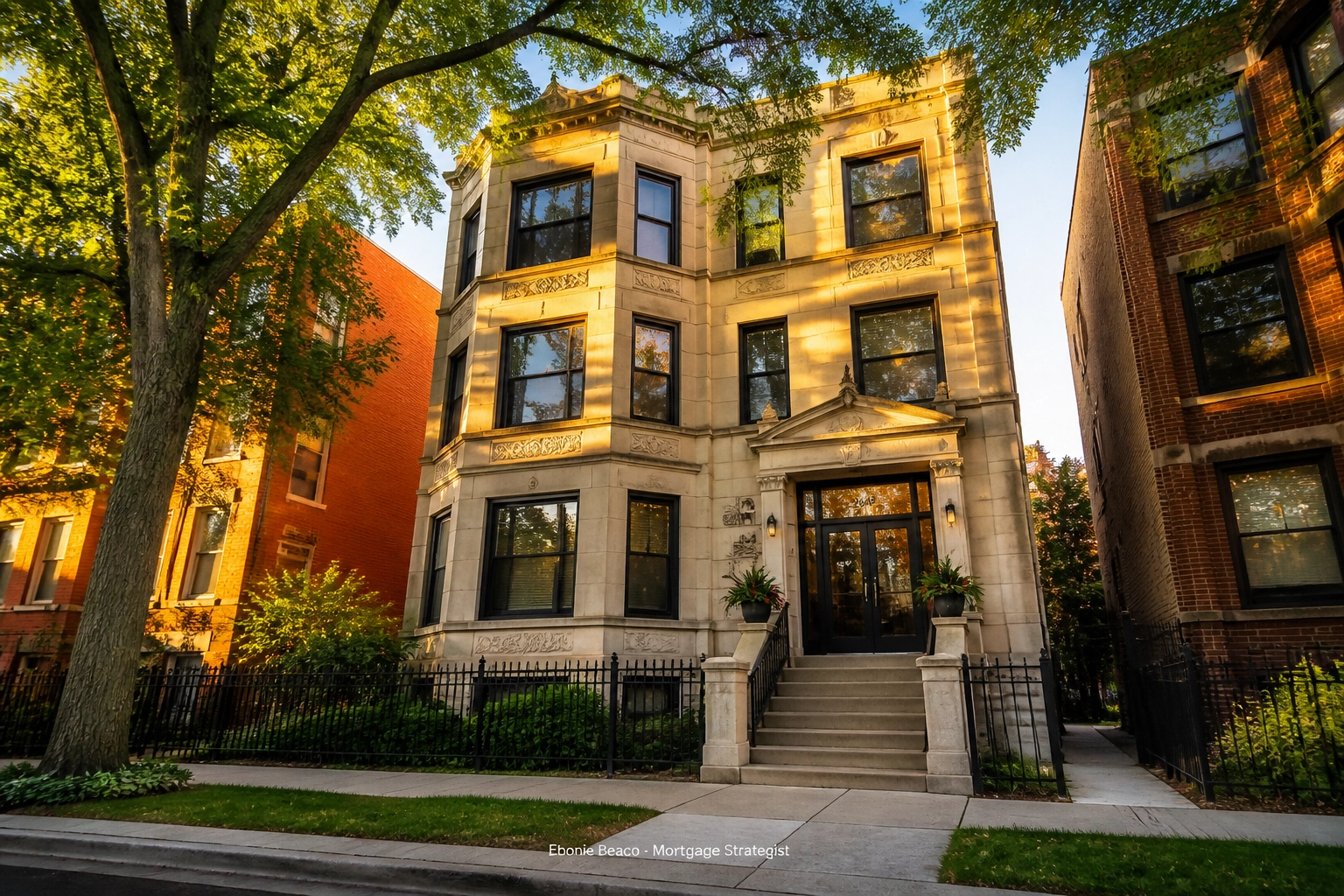 Classic Chicago greystone apartment building in Logan Square used for rental property financing.