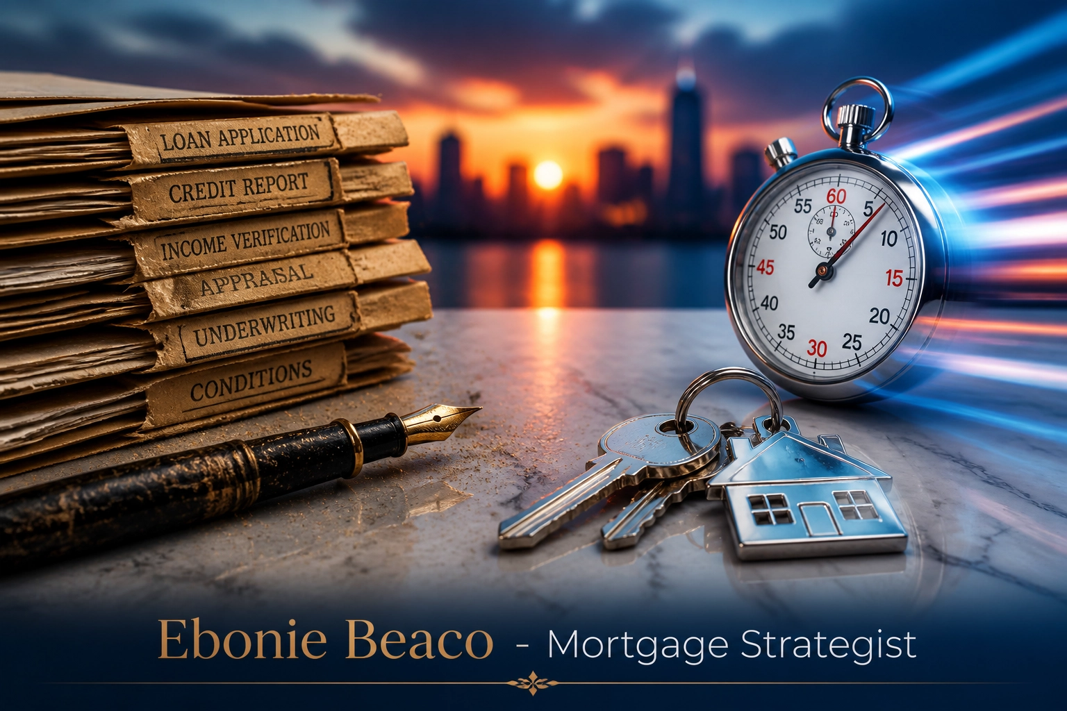 House keys and a stopwatch representing fast closing times for Florida bridge loans and investor financing.