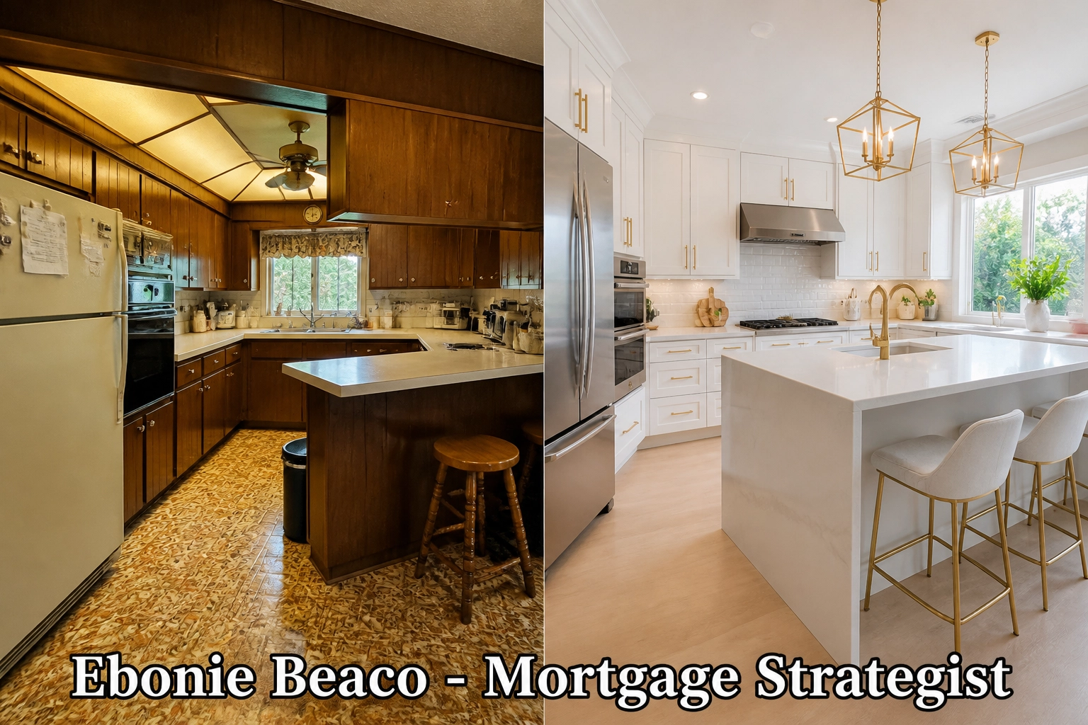 Before and after kitchen renovation showing a dated interior transformed for a luxury Florida fix and flip.