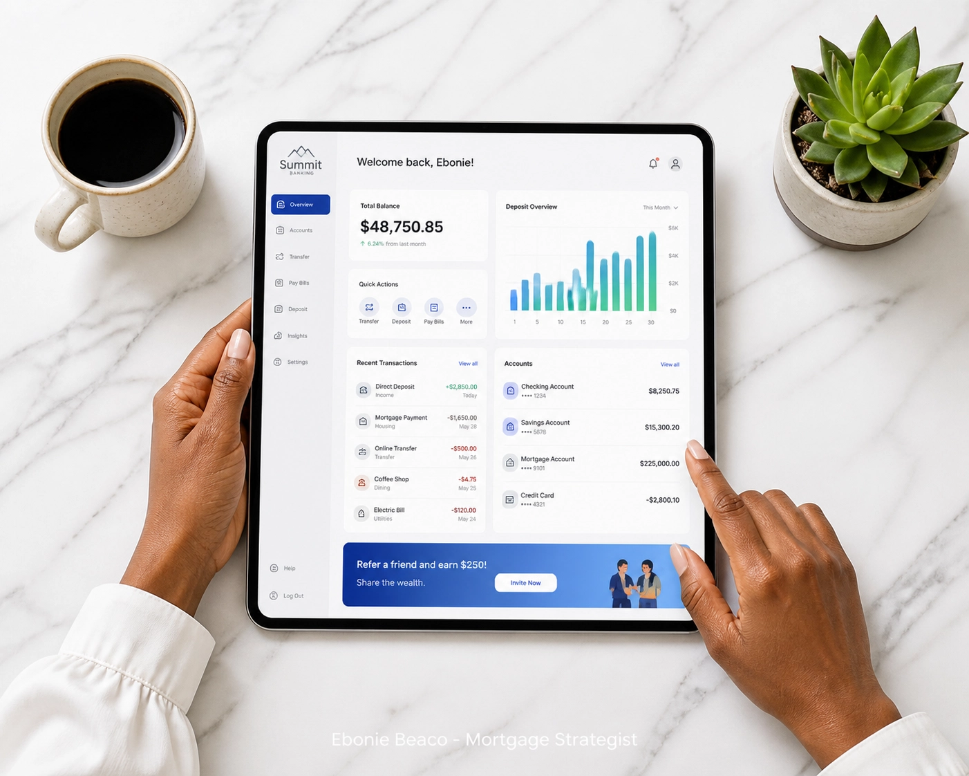 Self-employed investor reviewing digital bank statements on a tablet for Georgia rental property financing.