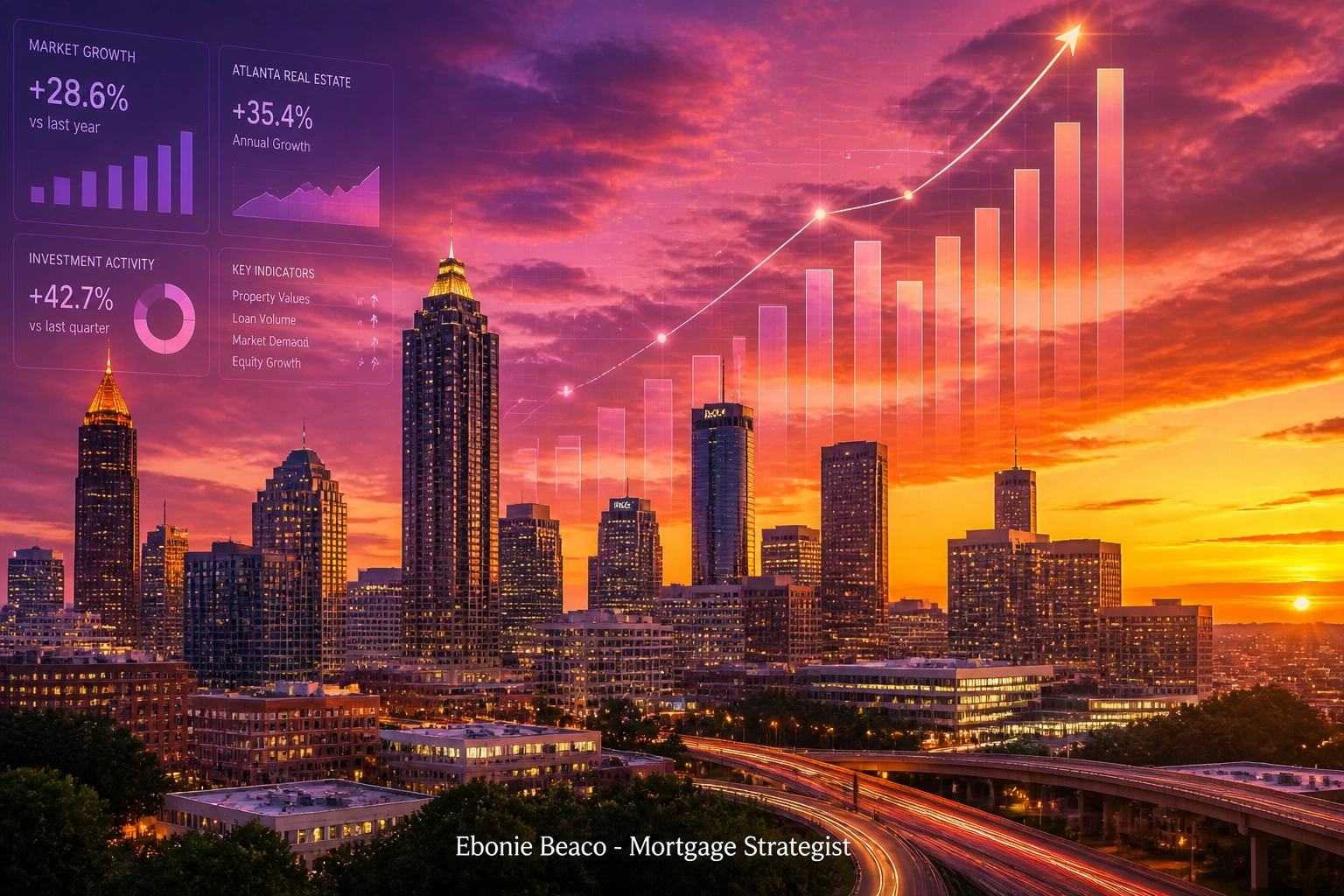 Atlanta skyline at sunset with financial growth bars representing Georgia bank statement mortgage loans.