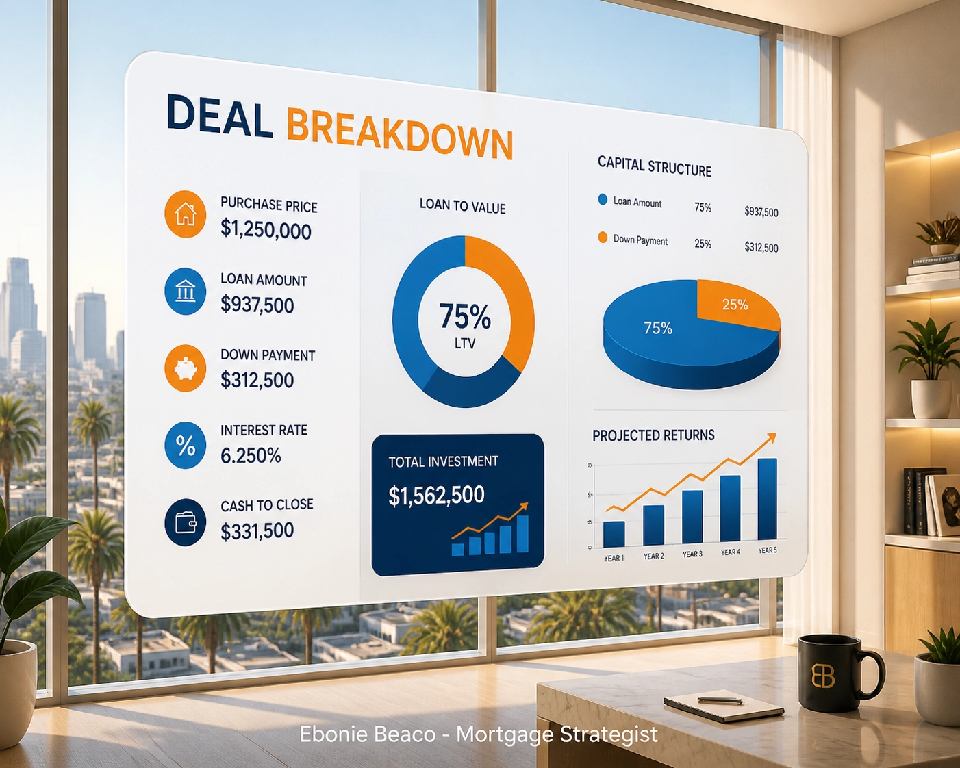 California bridge loan deal breakdown infographic showing purchase price and loan amount for investors.