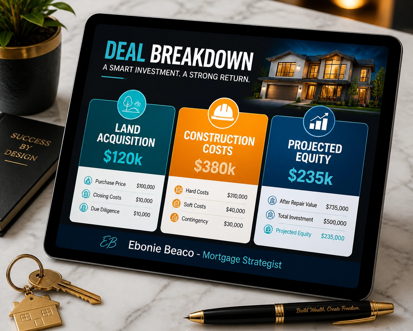 Financial breakdown of a Virginia construction loan showing land costs and investment property equity.