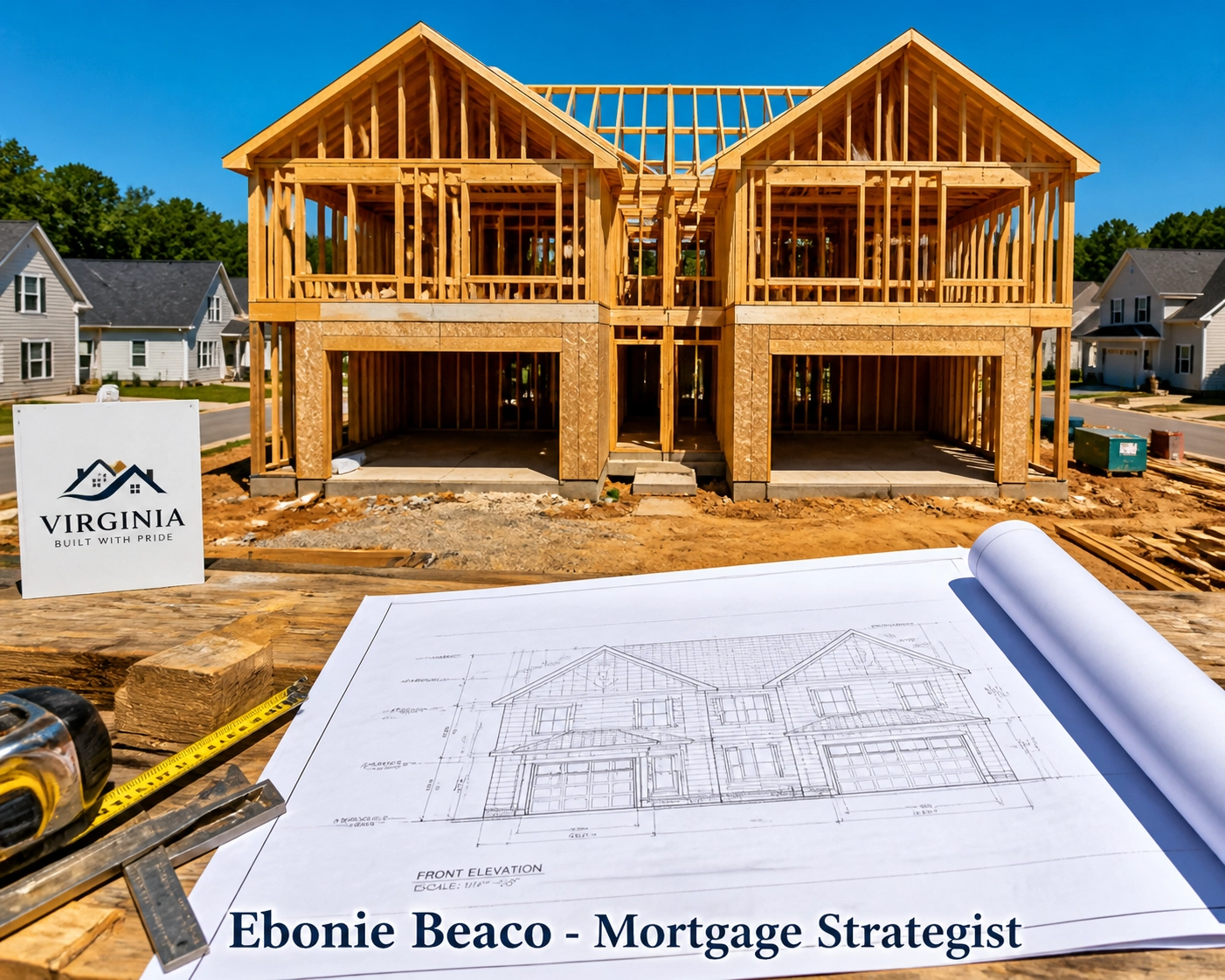 Architectural blueprints on a Virginia construction site for a ground-up investment property build.