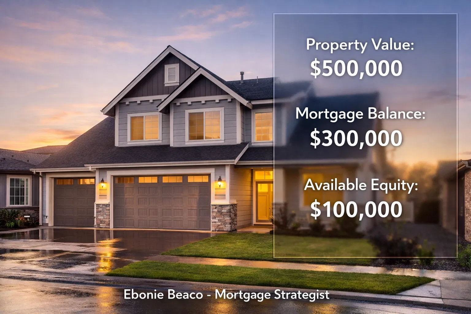 A modern suburban home at sunset with a financial overlay illustrating home equity, representing the potential for equity-based investment strategies.