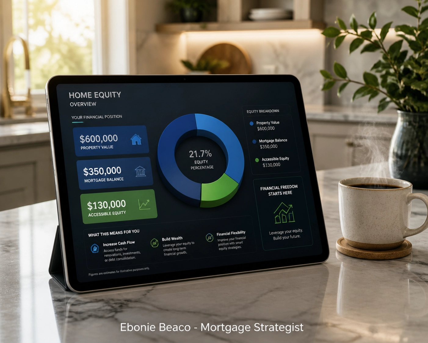 HELOC equity calculation showing property value and mortgage balance on a digital tablet with coffee.