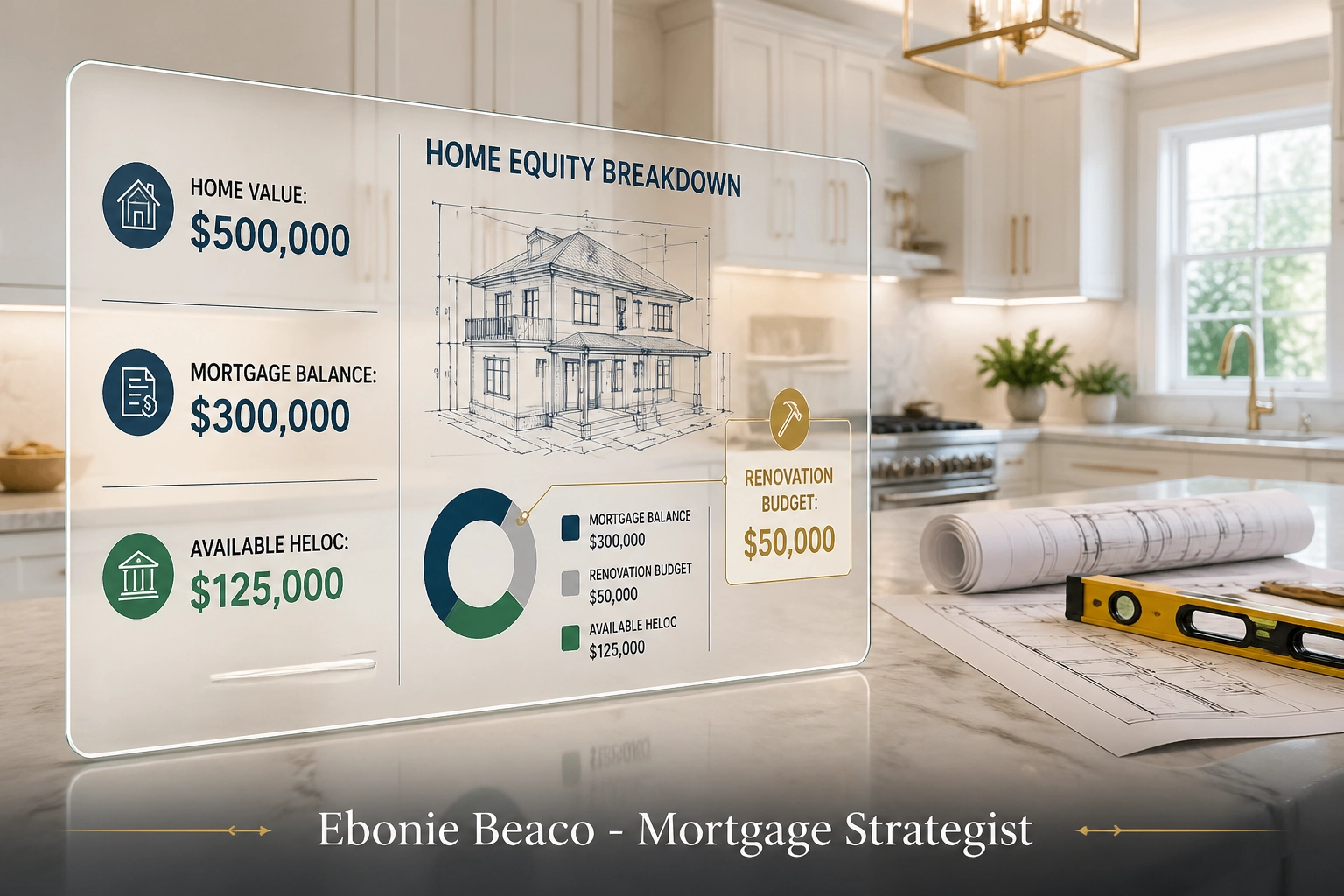Infographic of home equity math for a kitchen remodel showing how a HELOC funds renovations for Indiana homeowners.