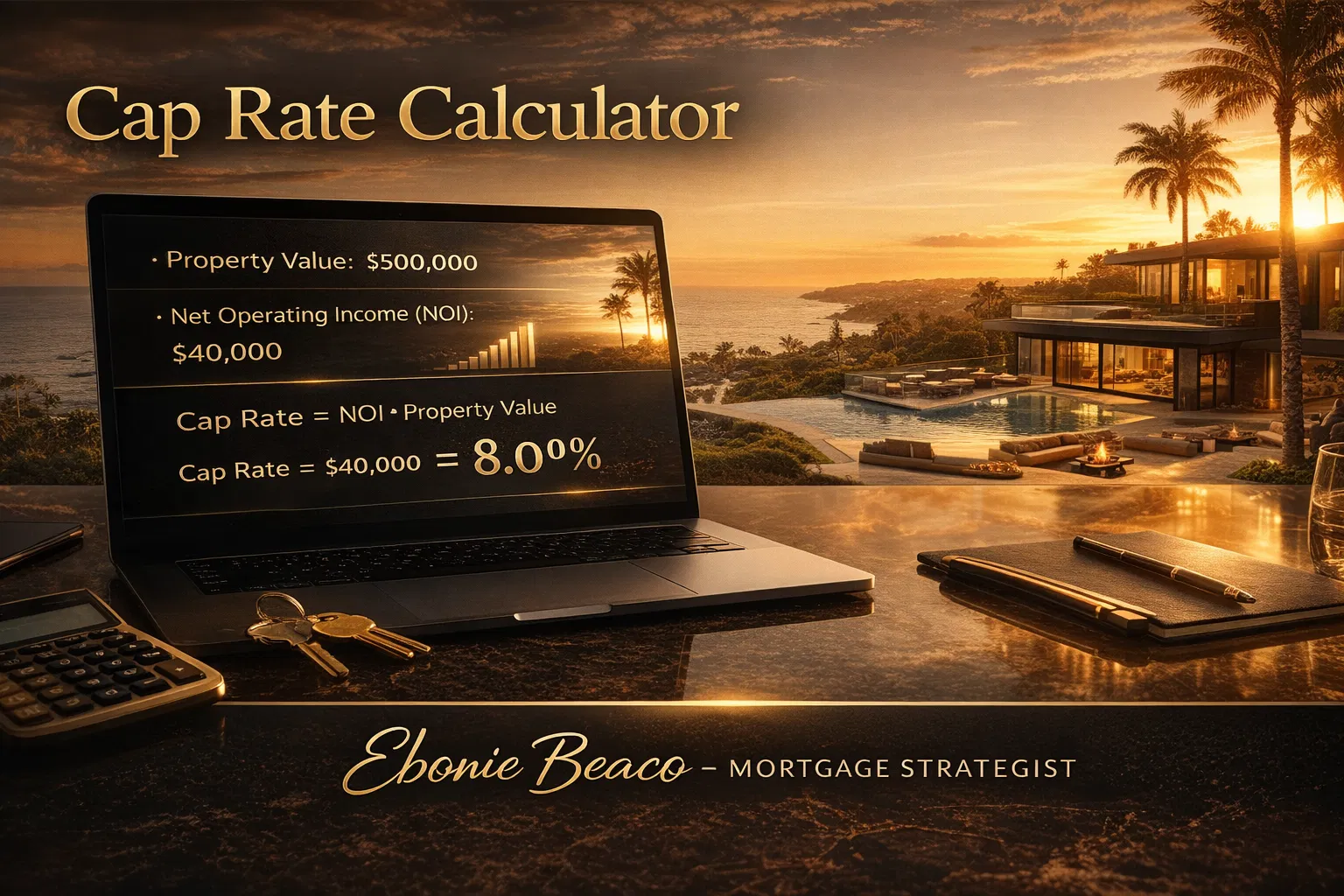 A laptop displays a cap rate calculation highlighting real estate investment analysis