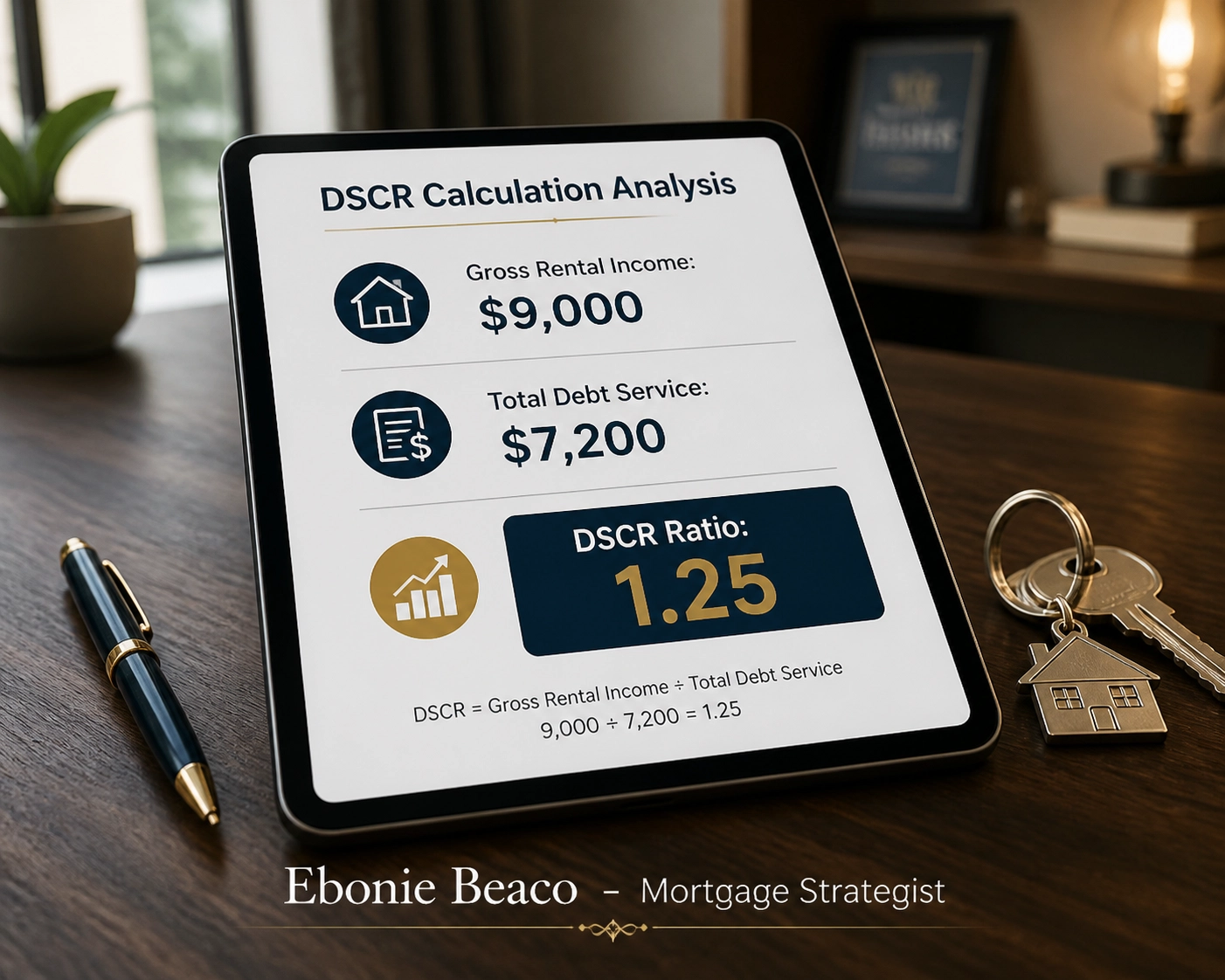 Digital tablet showing DSCR calculation analysis with a 1.25 ratio for Chicago investment properties.