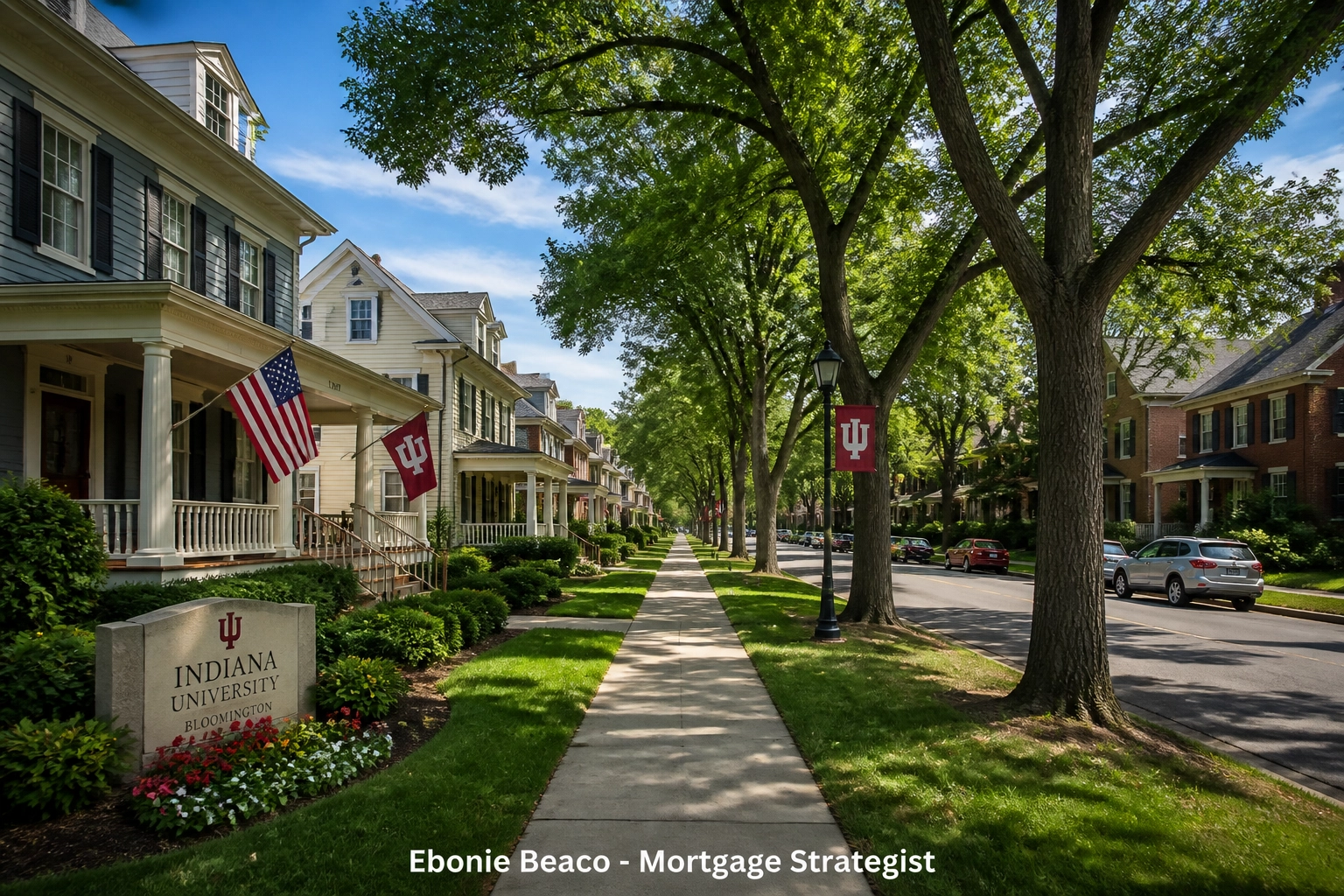 Quiet residential street in Bloomington Indiana showcasing stable college town investment opportunities.