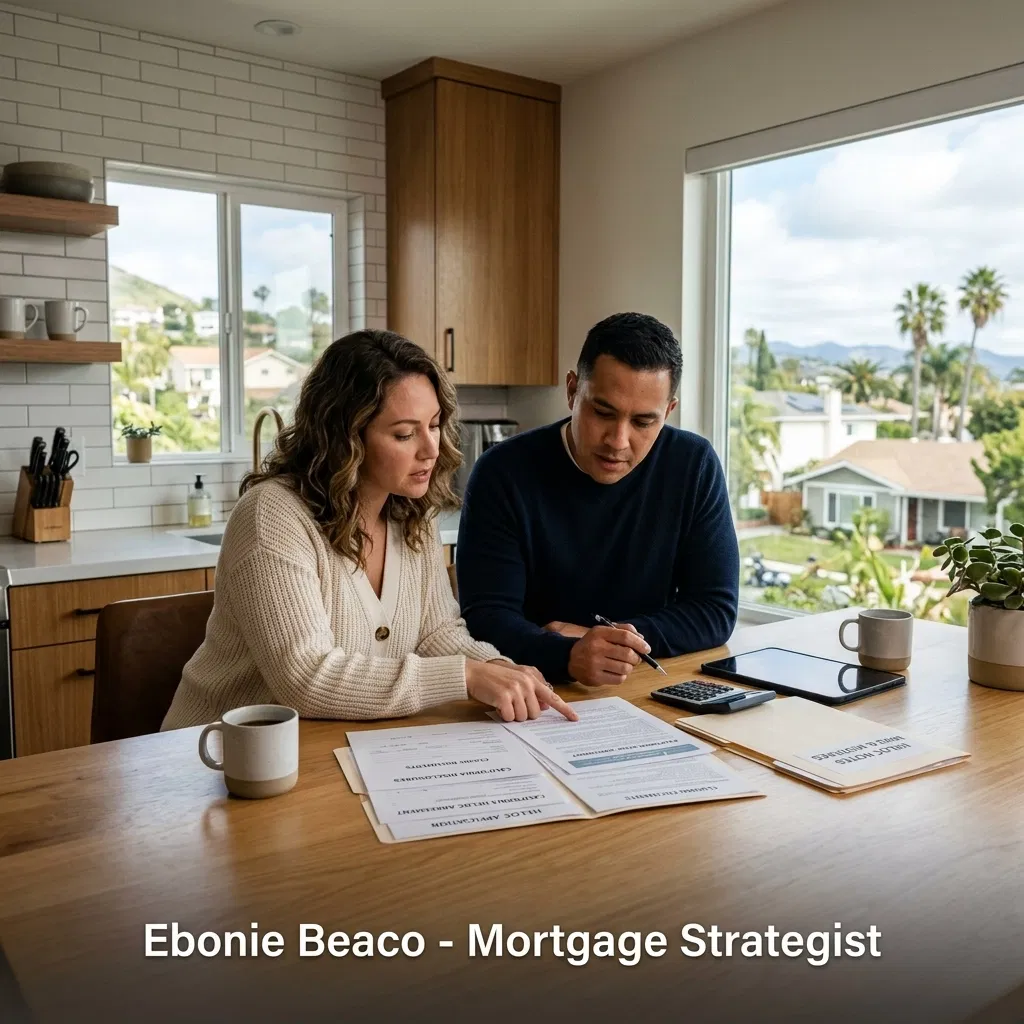 Two people reviewing mortgage documents at a kitchen table