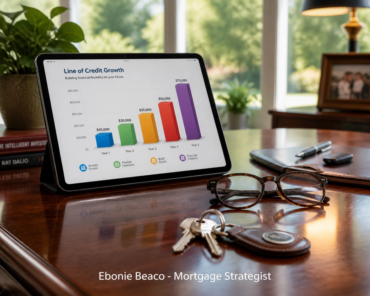 Tablet displaying reverse mortgage line of credit growth on a professional desk with house keys in a sunlit office.