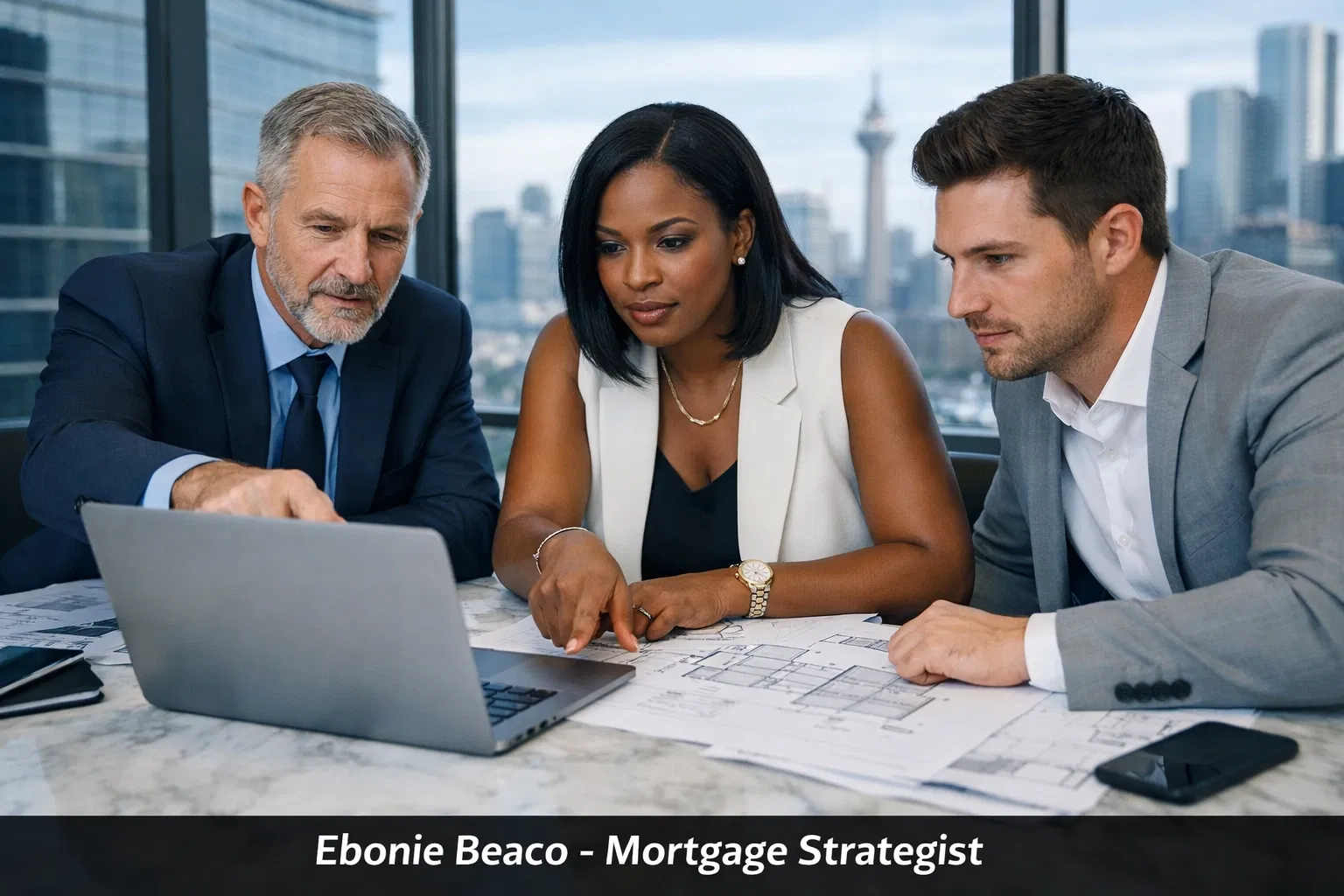Mortgage professionals collaborate at a modern office table, focused on a laptop screen and reviewing architectural blueprints.