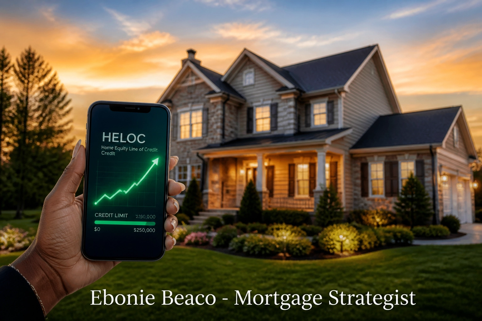 Smartphone displaying a HELOC line of credit graph in front of a luxury home in Virginia.